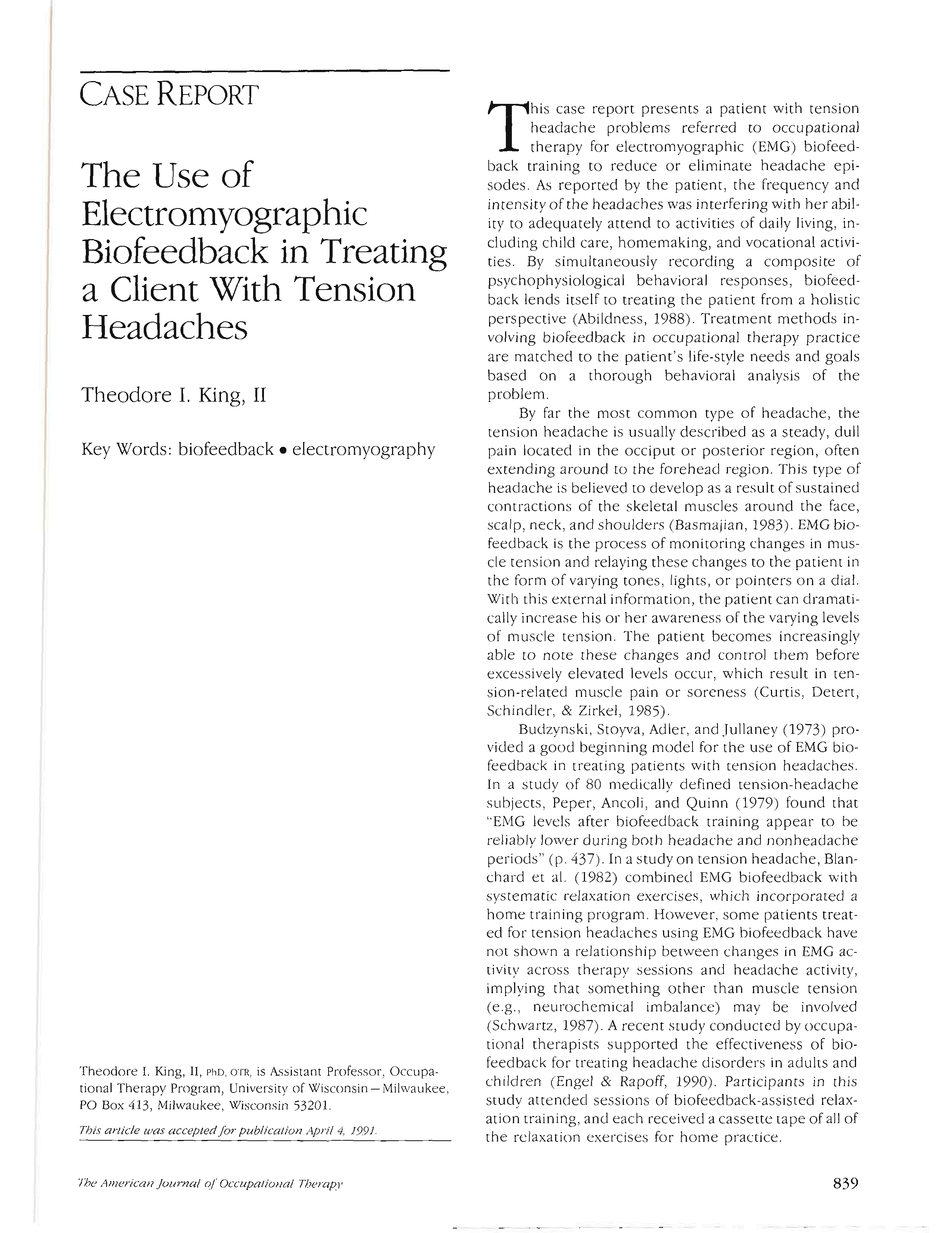 First page of The Use of Electromyographic Biofeedback in Treating a Client With Tension Headaches