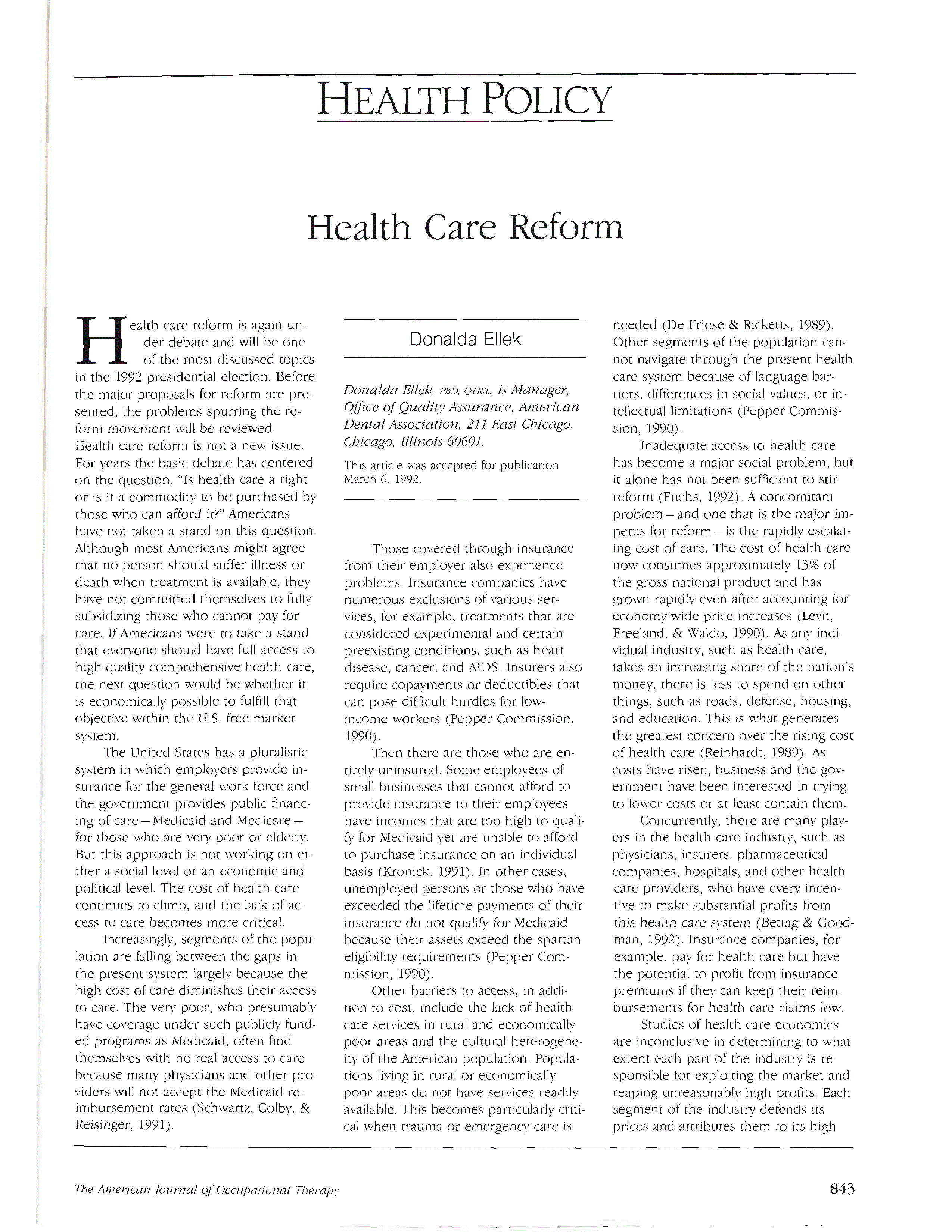 First page of Health Care Reform
