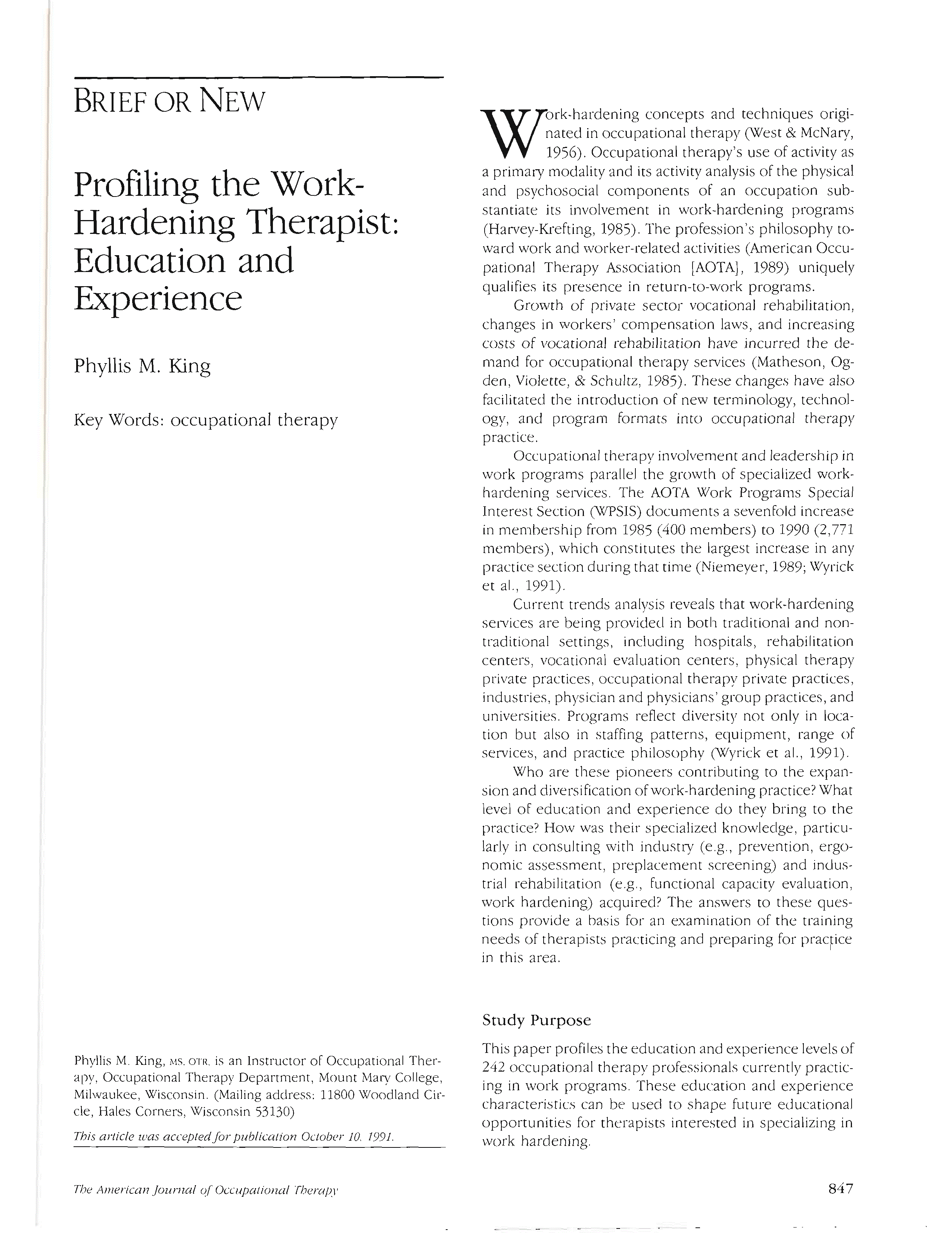 First page of Profiling the Work-Hardening Therapist: Education and Experience