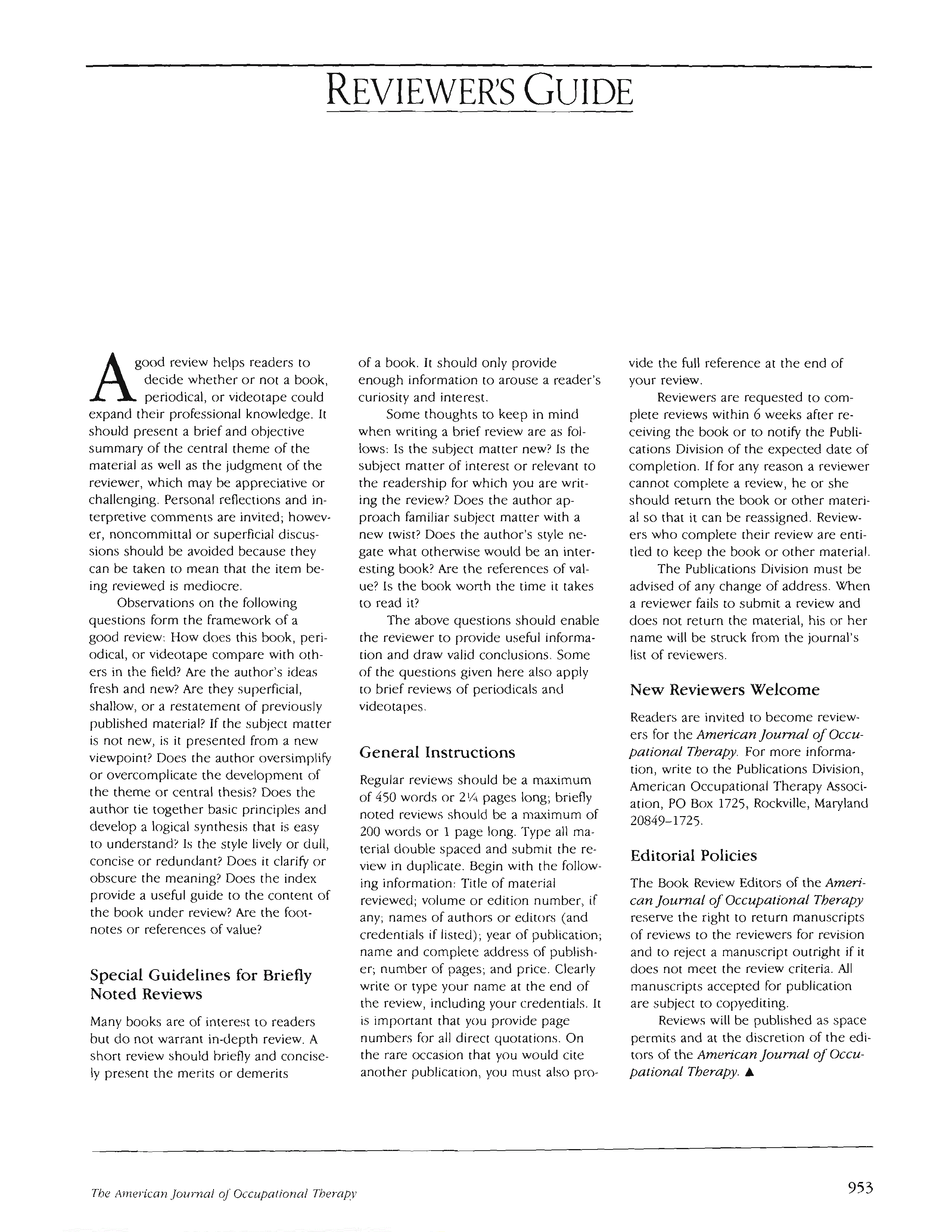 First page of Reviewer’s Guide