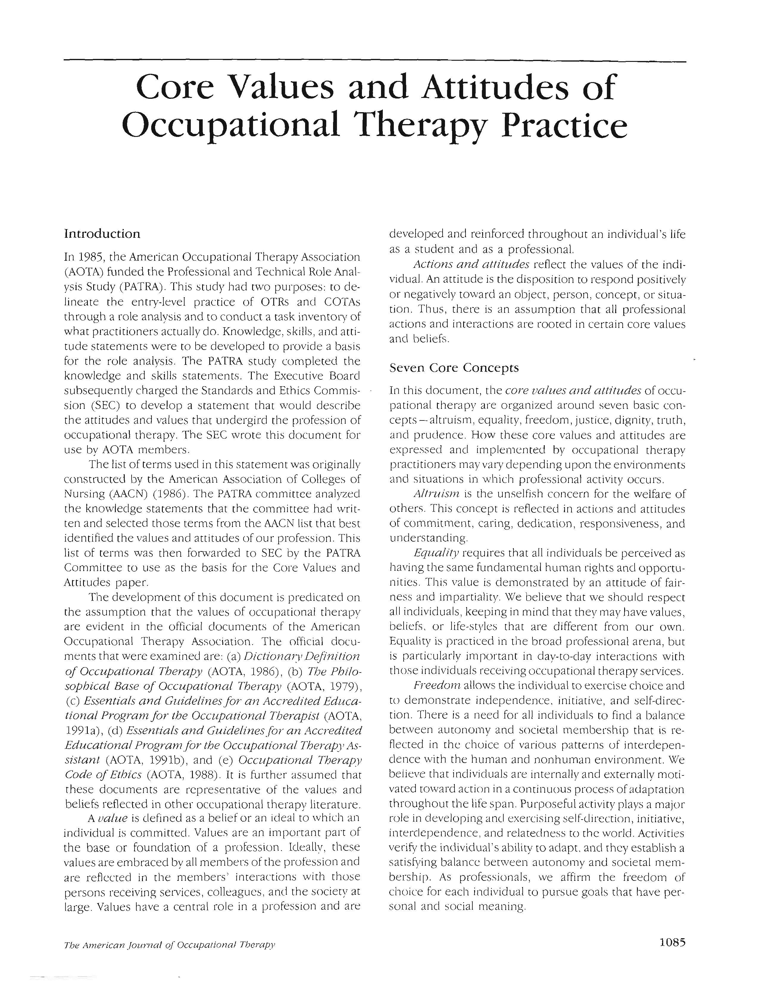 Core Values and Attitudes of Occupational Therapy Practice | The ...