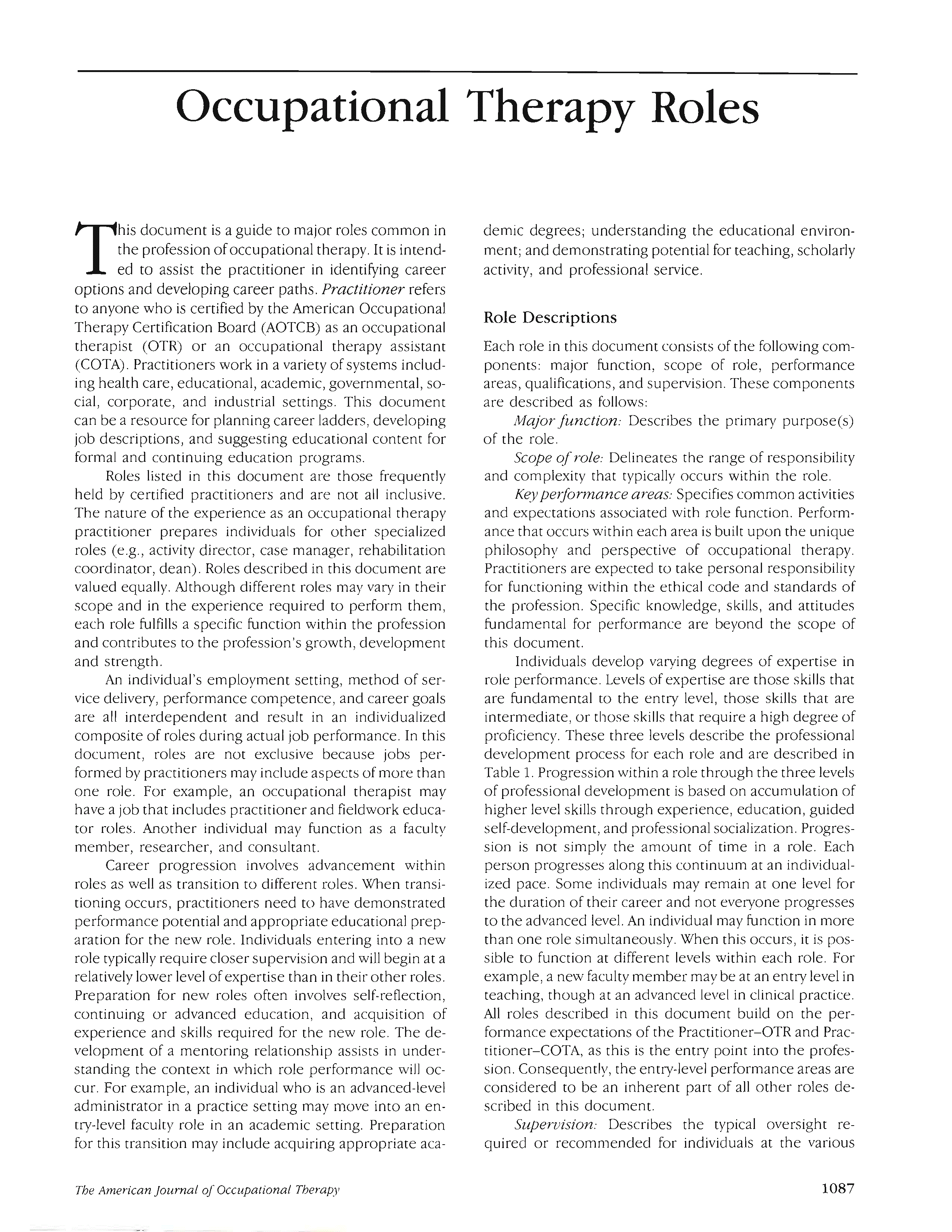 First page of Occupational Therapy Roles