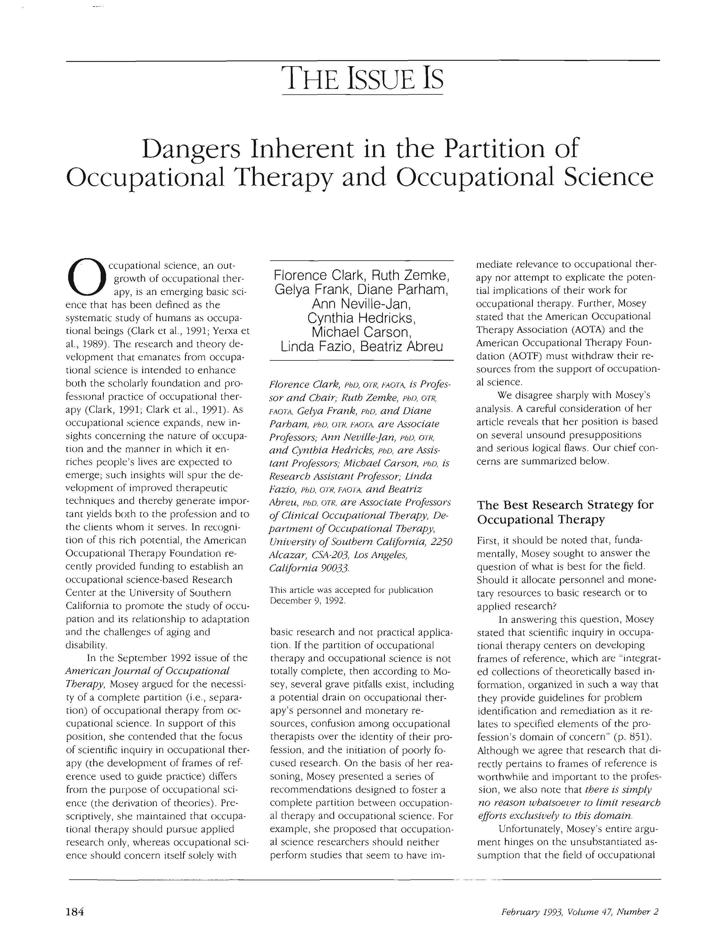 First page of Dangers Inherent in the Partition of Occupational Therapy and Occupational Science