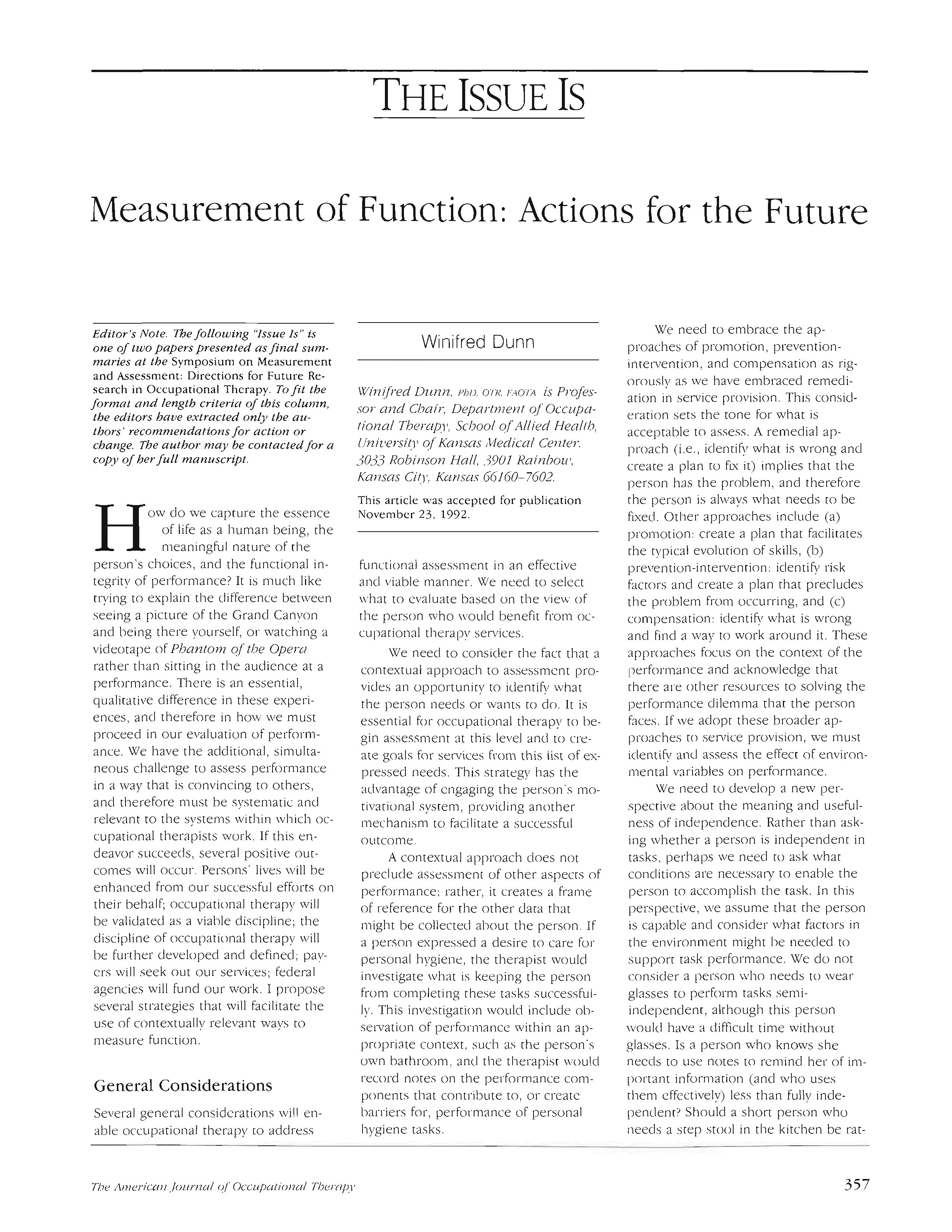 First page of Measurement of Function: Actions for the Future