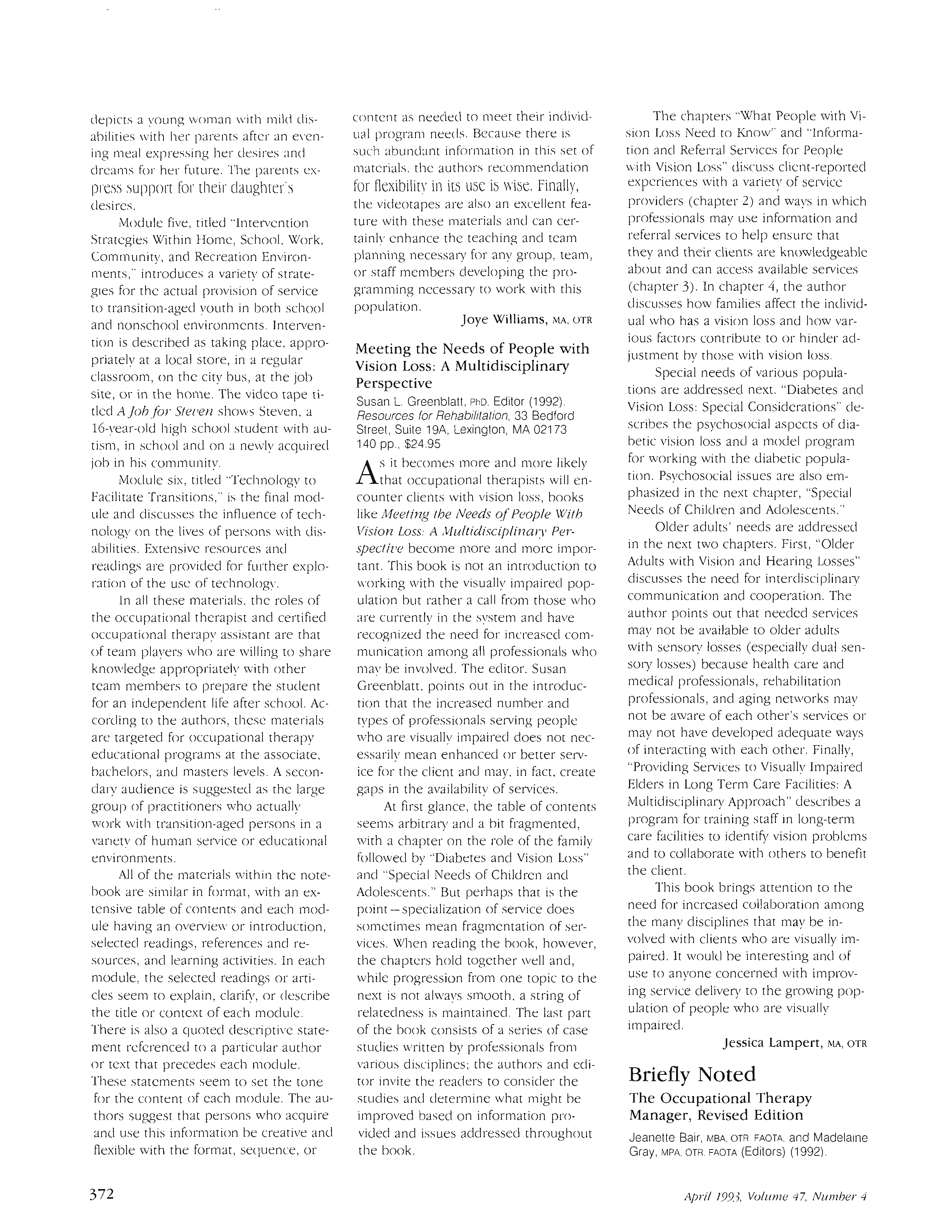 First page of Meeting the Needs of People with Vision Loss: A Multidisciplinary Perspective