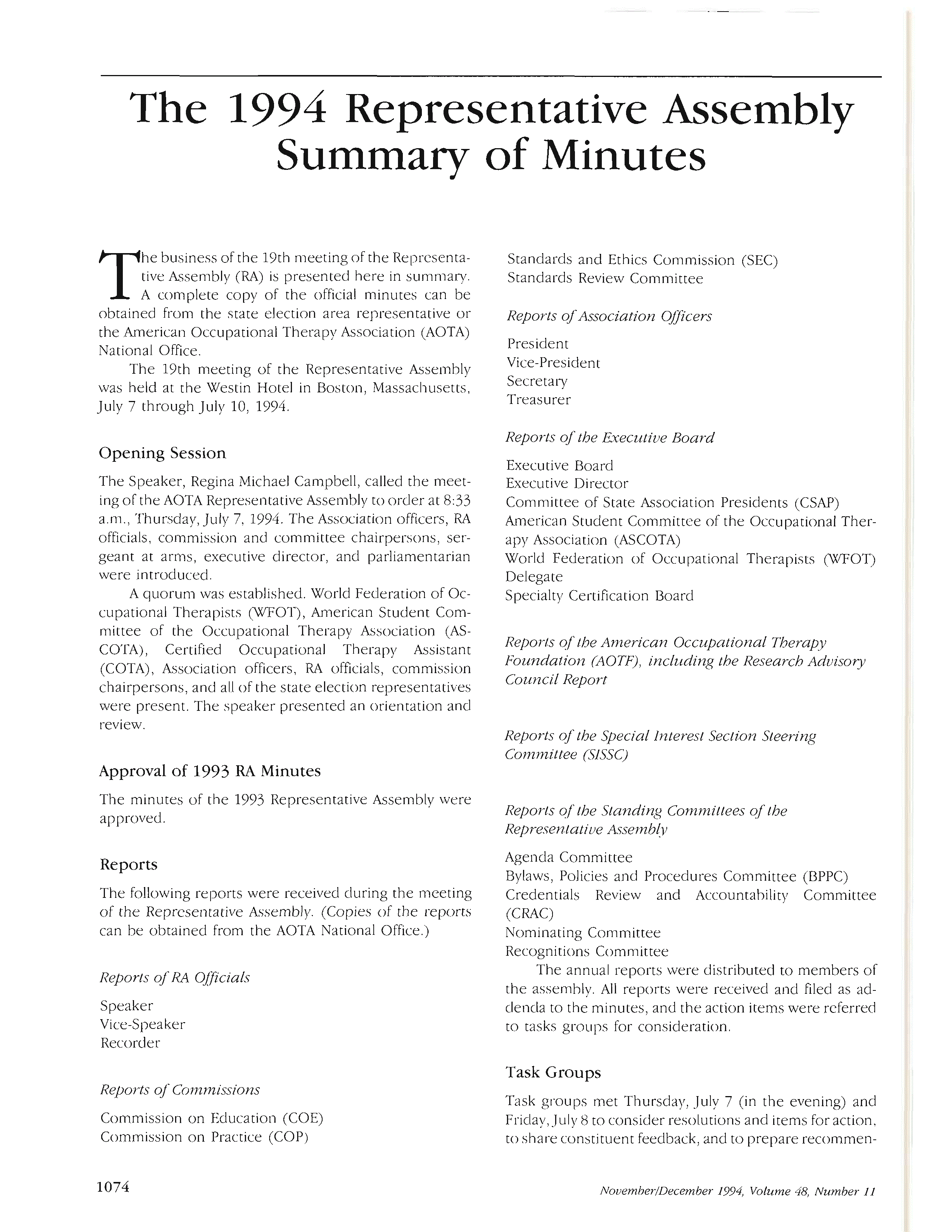 First page of The 1994 Representative Assembly Summary of Minutes