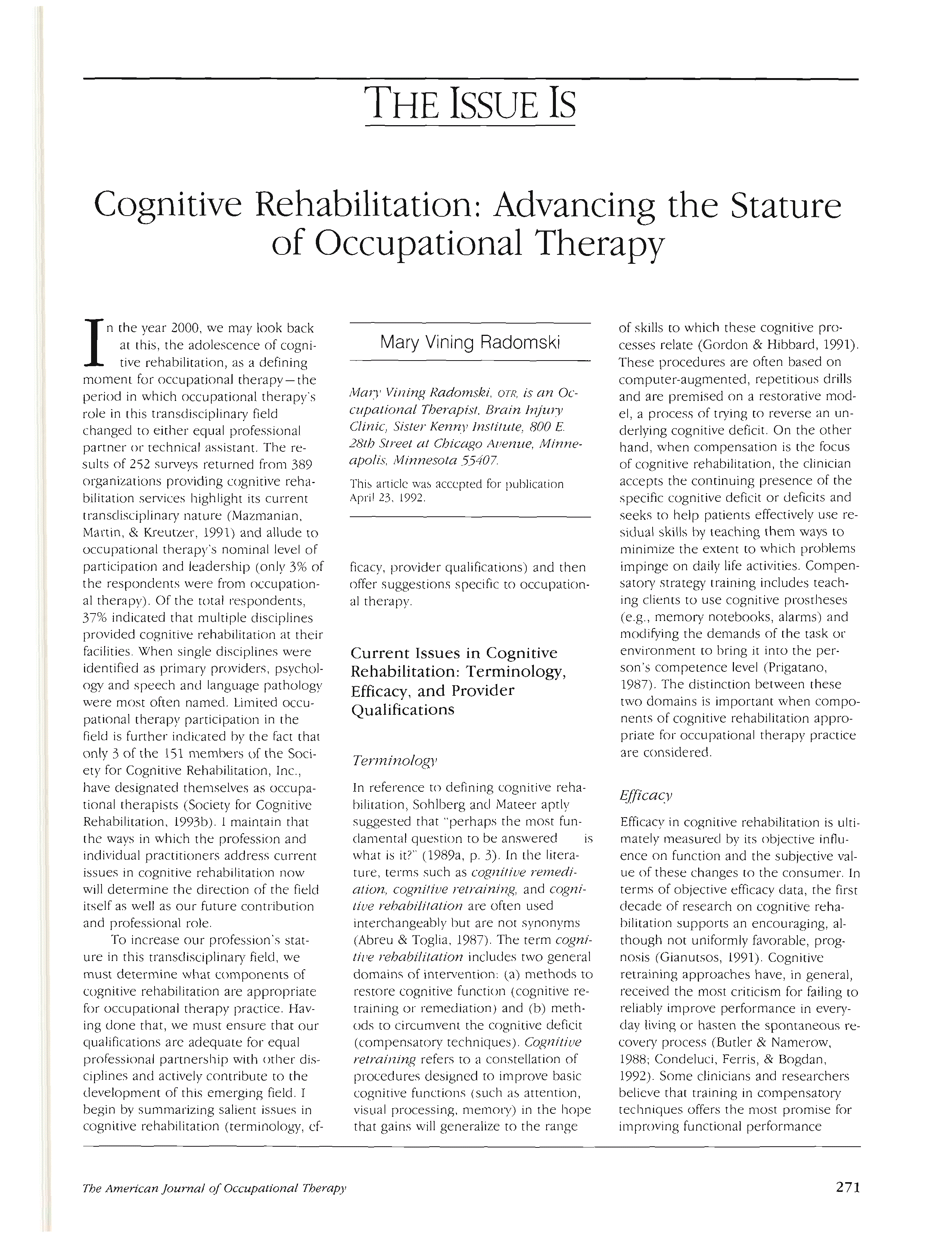 First page of Cognitive Rehabilitation: Advancing the Stature of Occupational Therapy