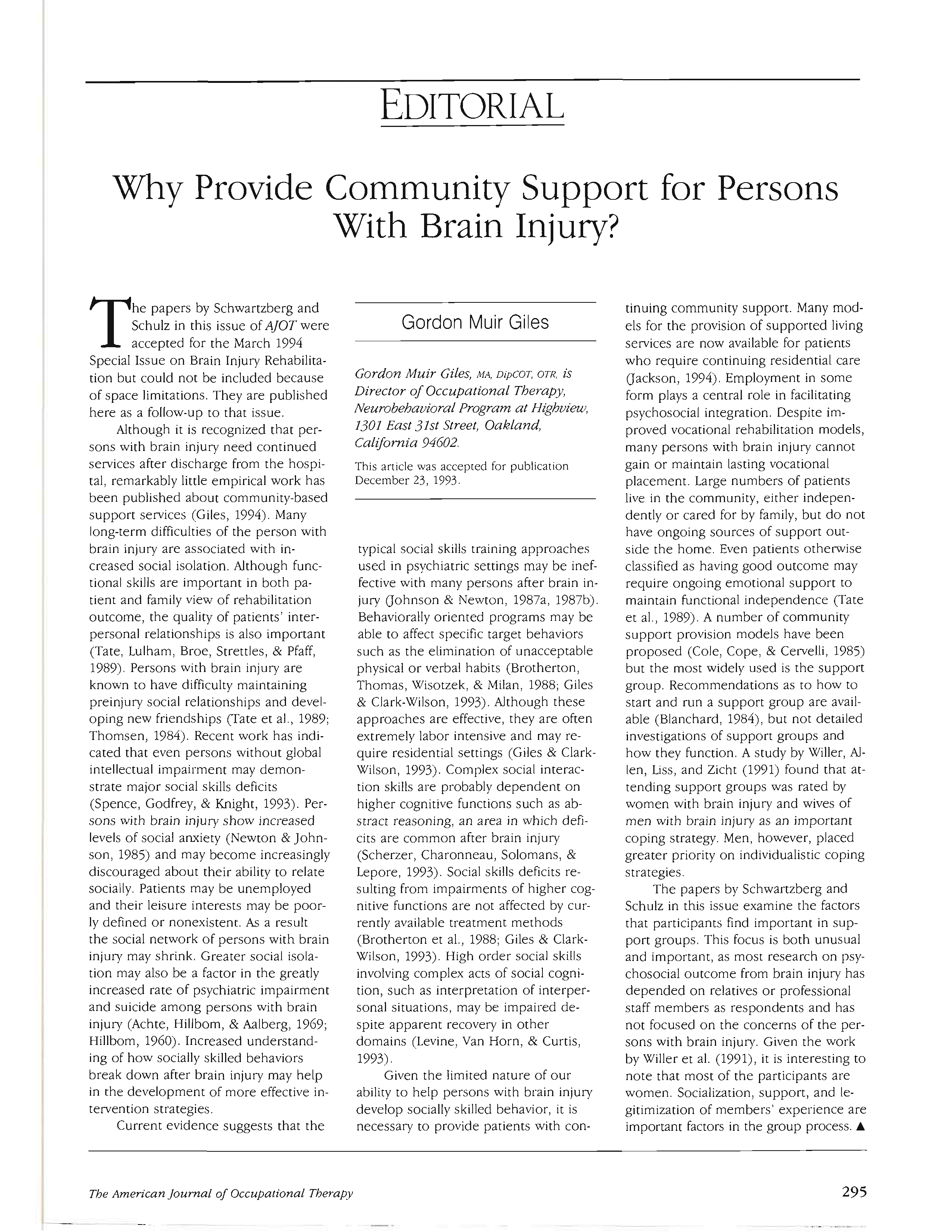 First page of Why Provide Community Support for Persons With Brain Injury?