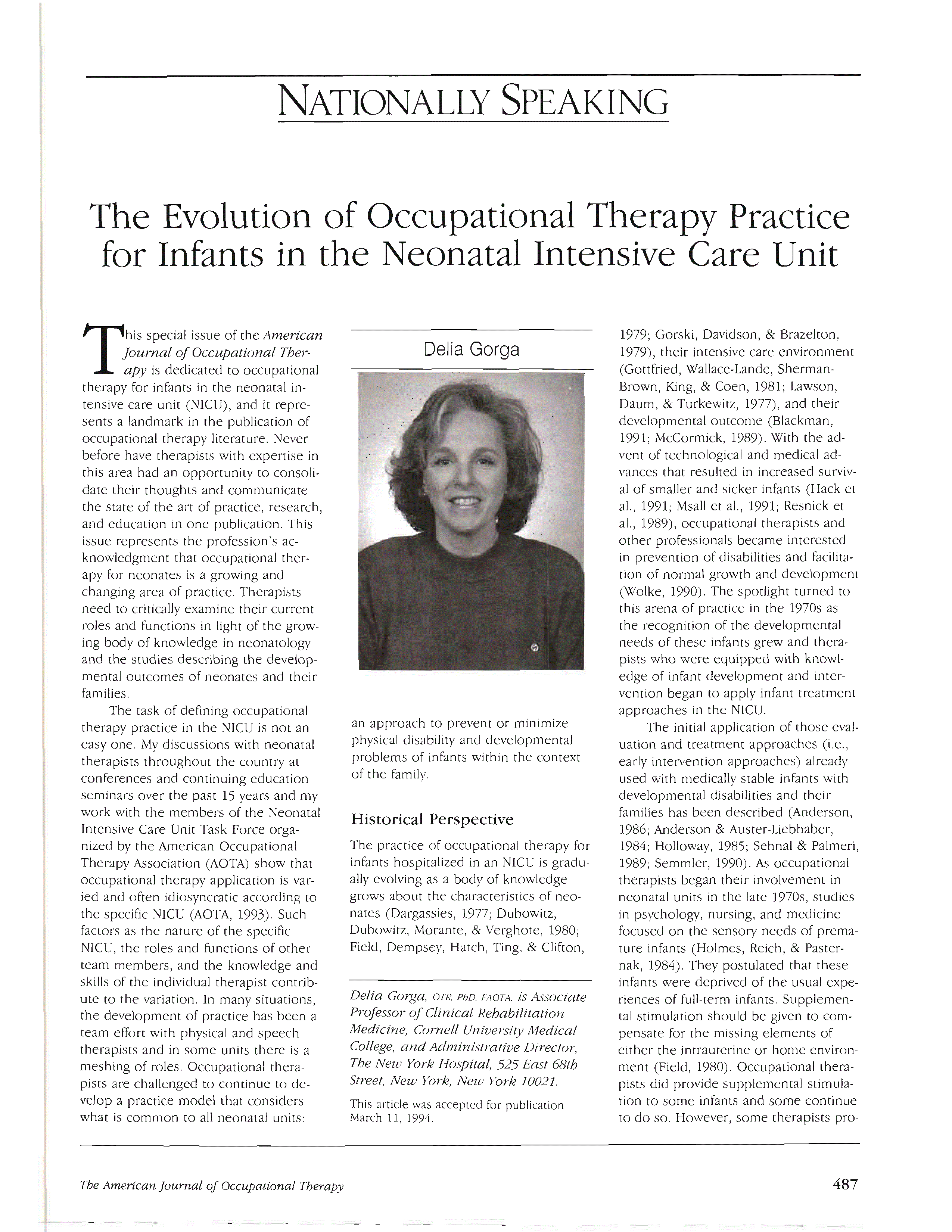 First page of The Evolution of Occupational Therapy Practice for Infants in the Neonatal Intensive Care Unit