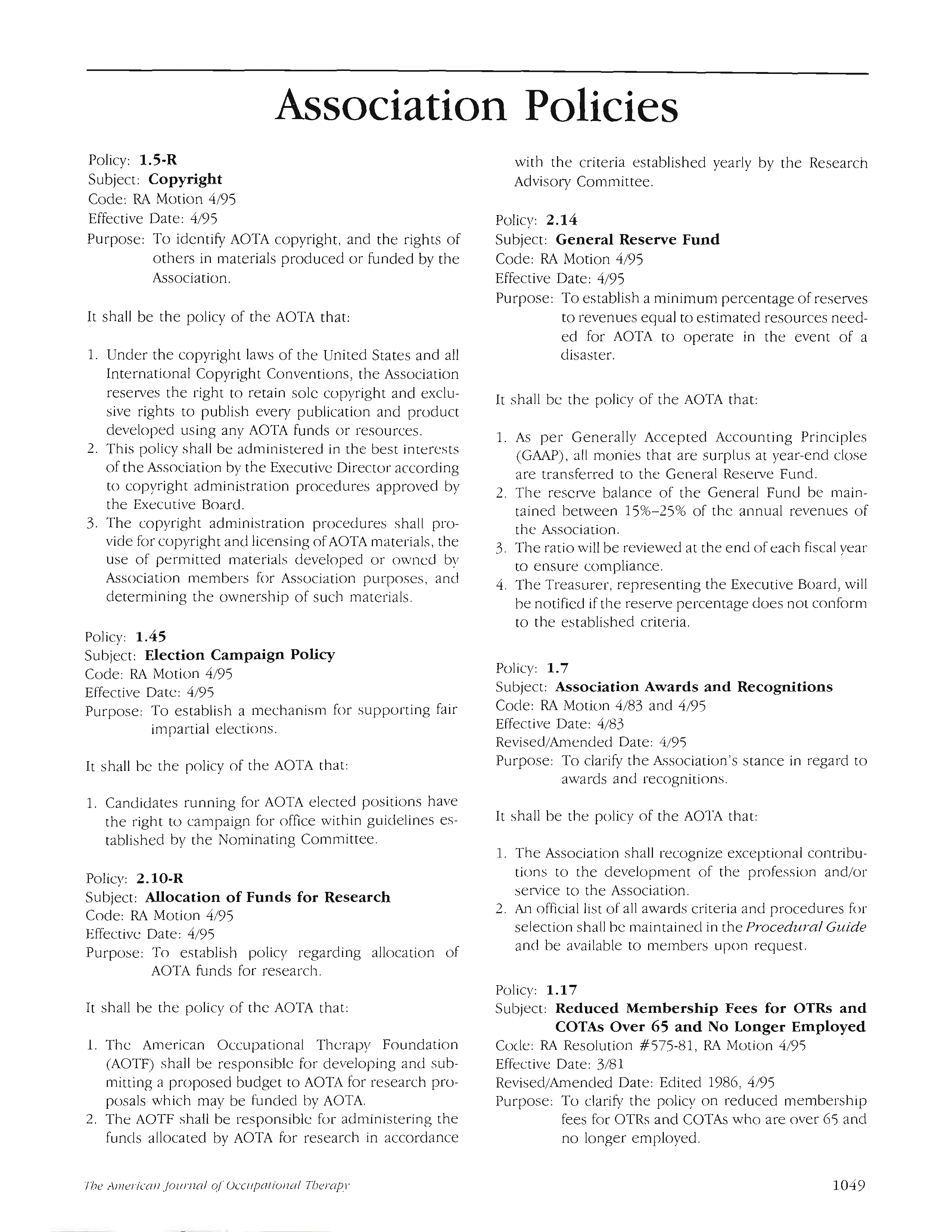 First page of Association Policies