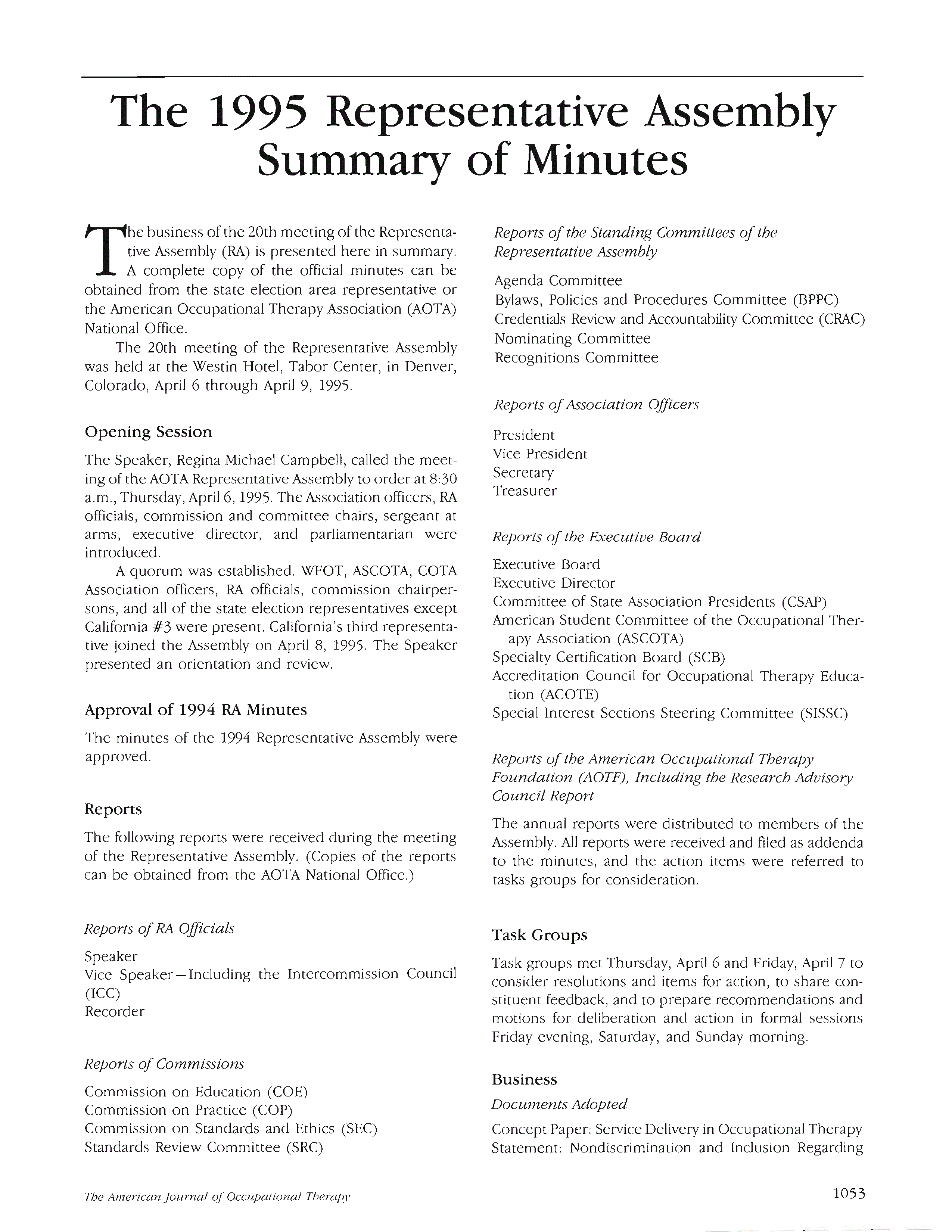First page of The 1995 Representative Assembly Summary of Minutes
