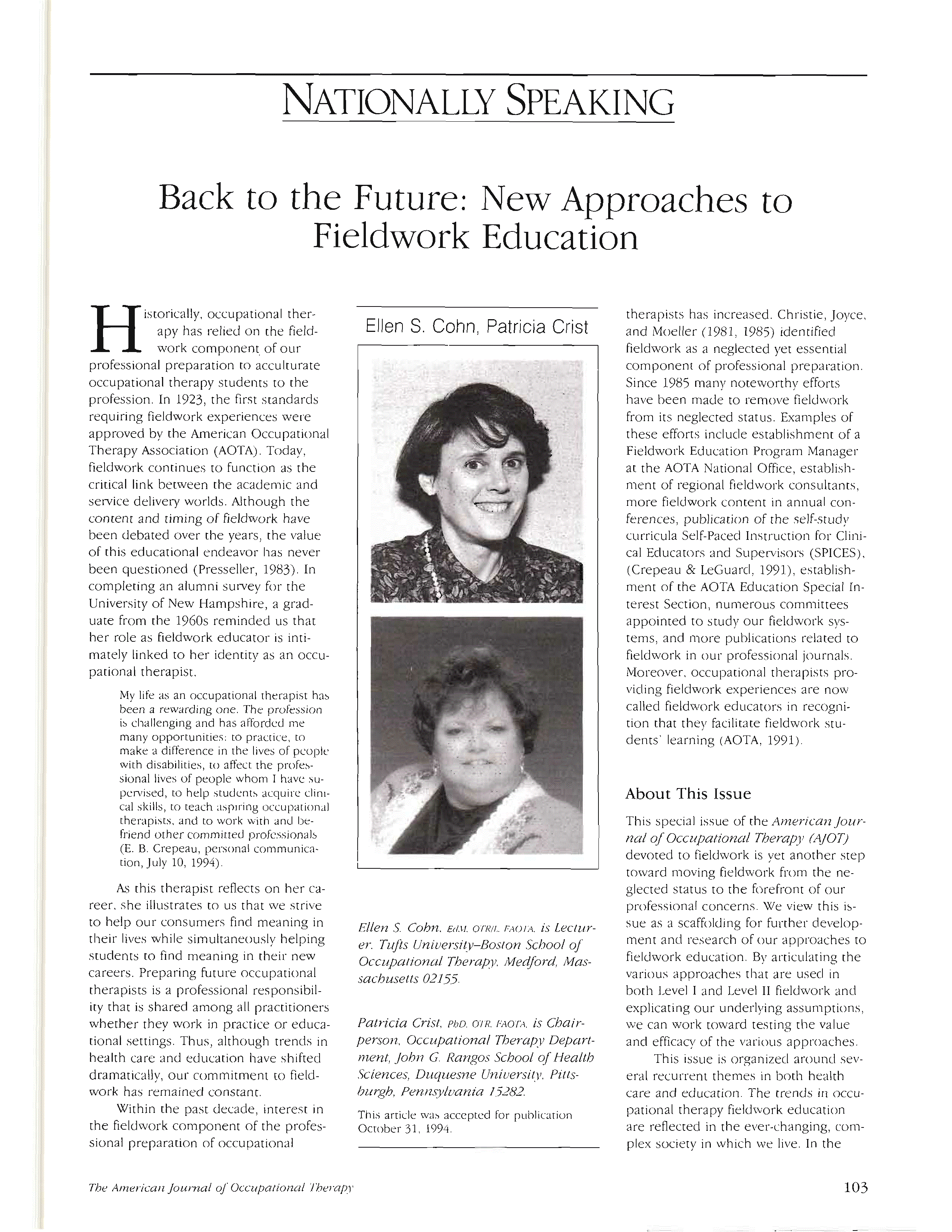 First page of Back to the Future: New Approaches to Fieldwork Education