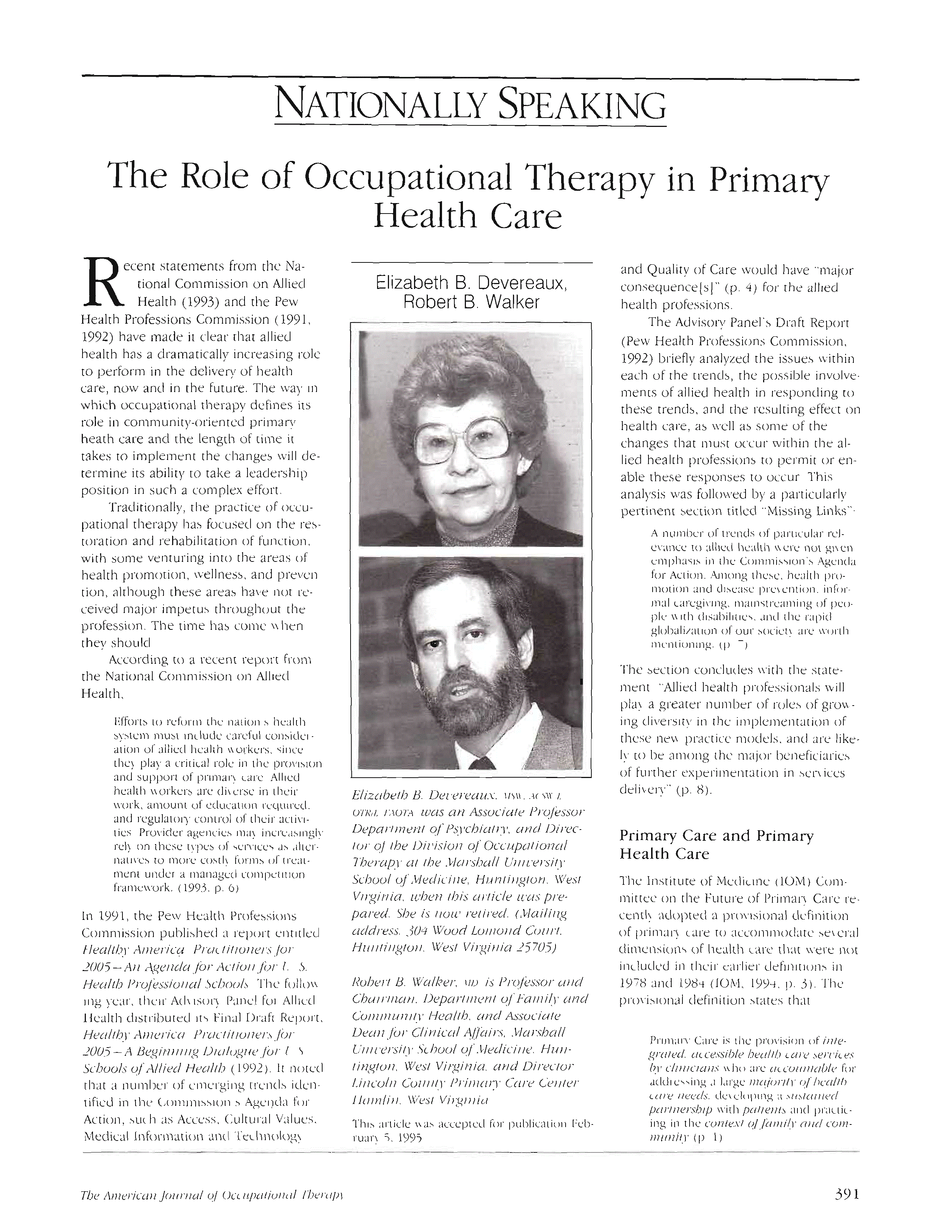 First page of The Role of Occupational Therapy in Primary Health Care
