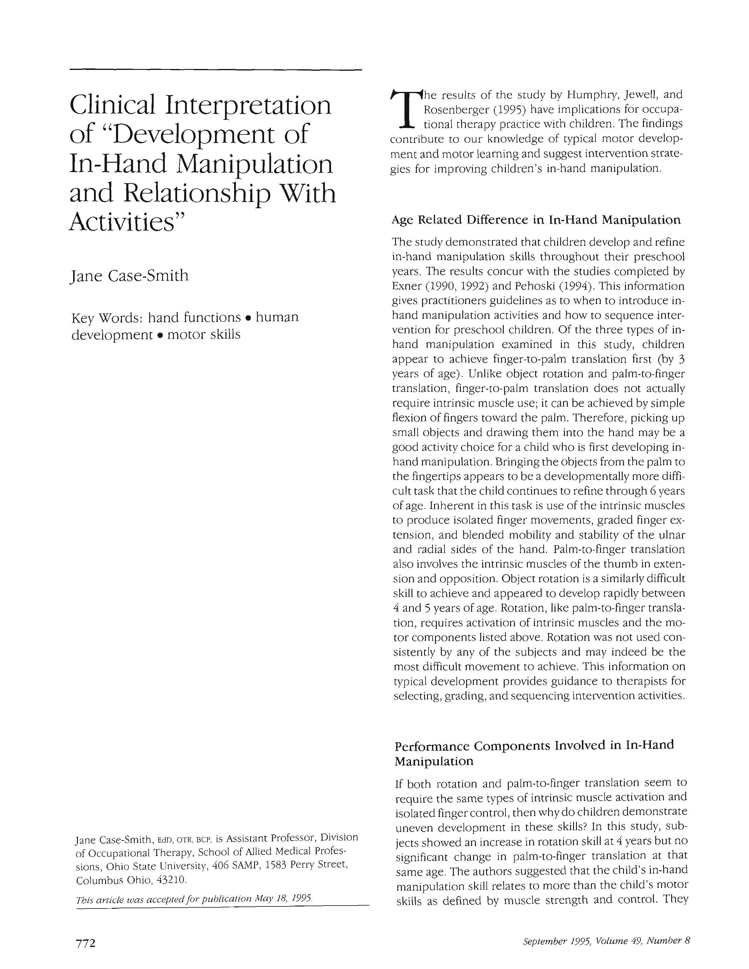 First page of Clinical Interpretation of “Development of In-Hand Manipulation and Relationship With Activities”