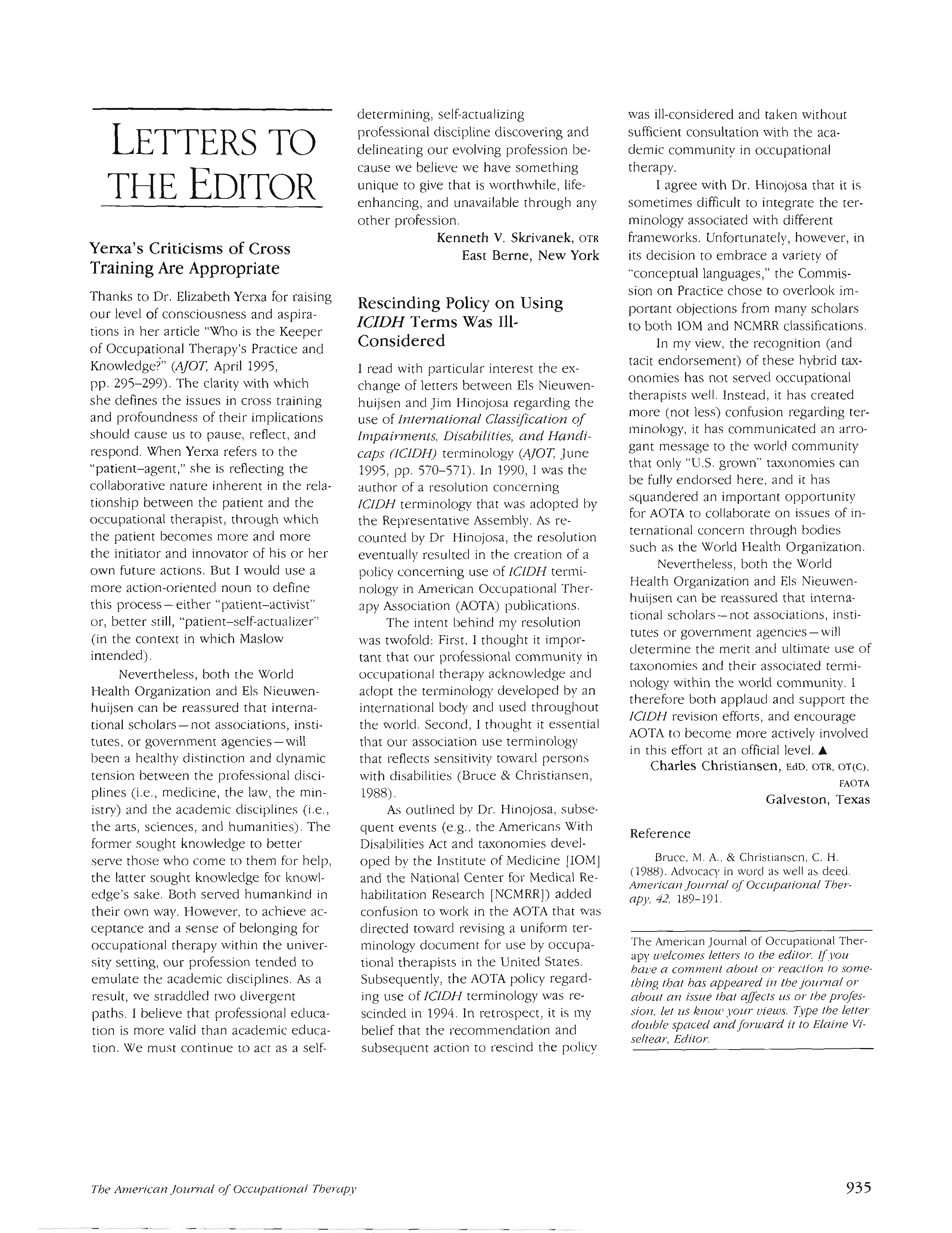 First page of Yerxa’s Criticisms of Cross Training Are Appropriate