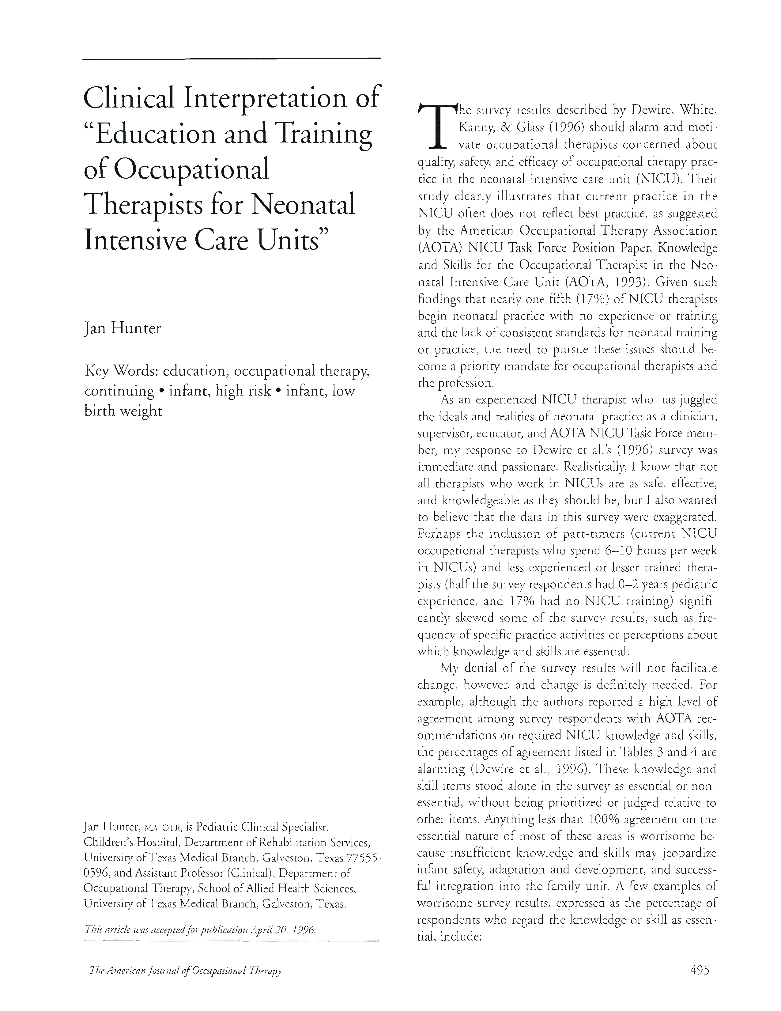 First page of Clinical Interpretation of “Education and Training of Occupational Therapists for Neonatal Intensive Care Units”