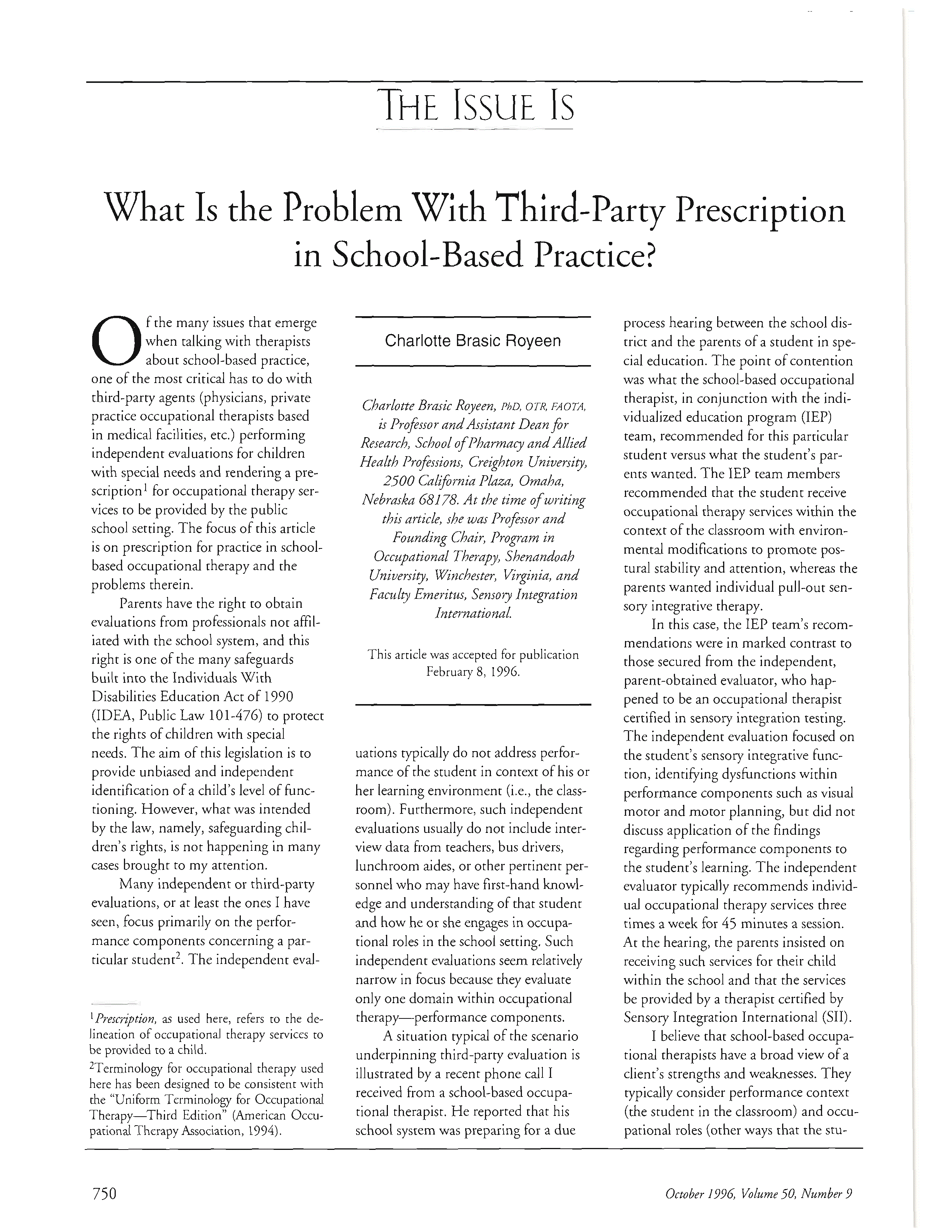First page of What Is the Problem With Third-Party Prescription in School-Based Practice?