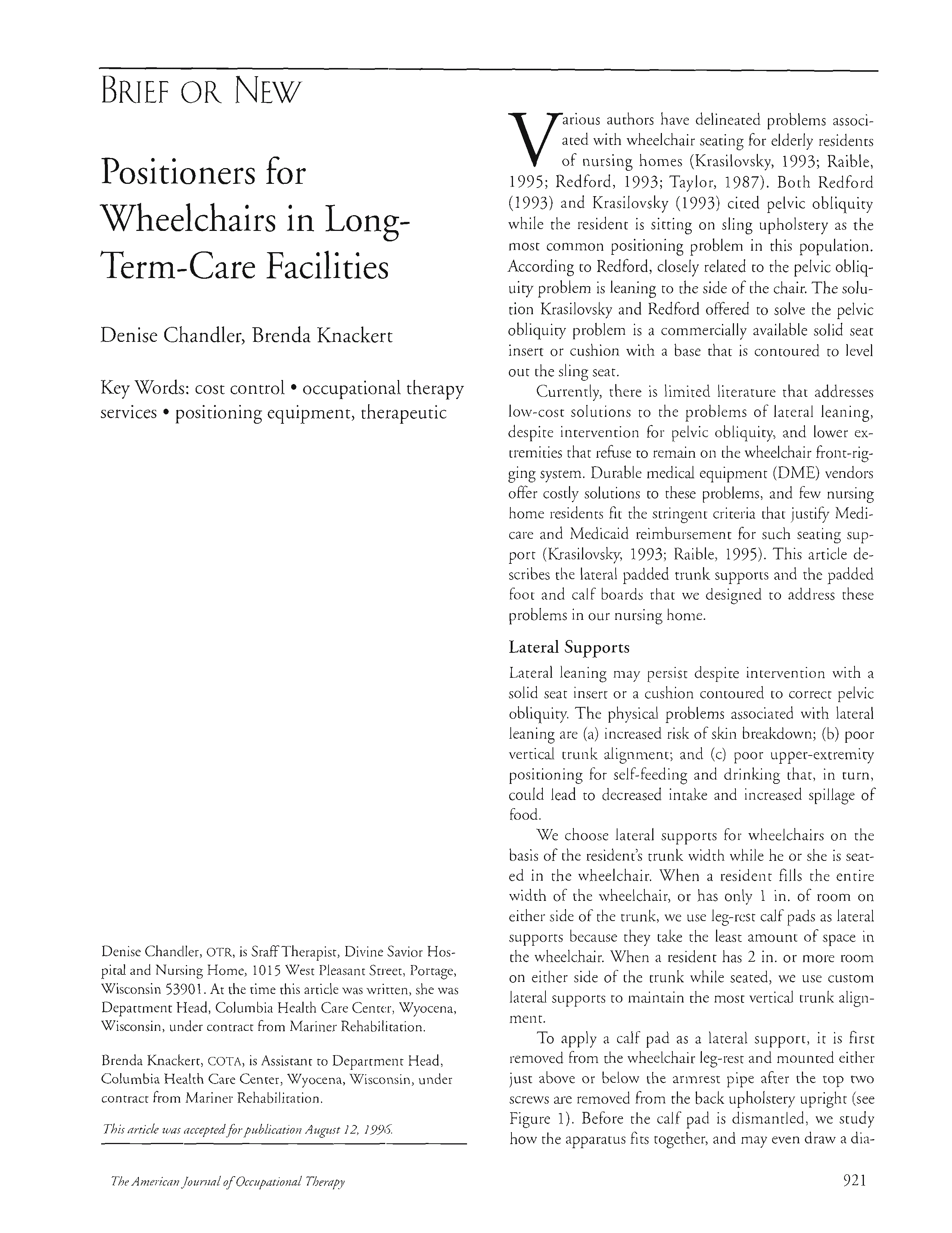 First page of Positioners for Wheelchairs in Long-Term-Care Facilities