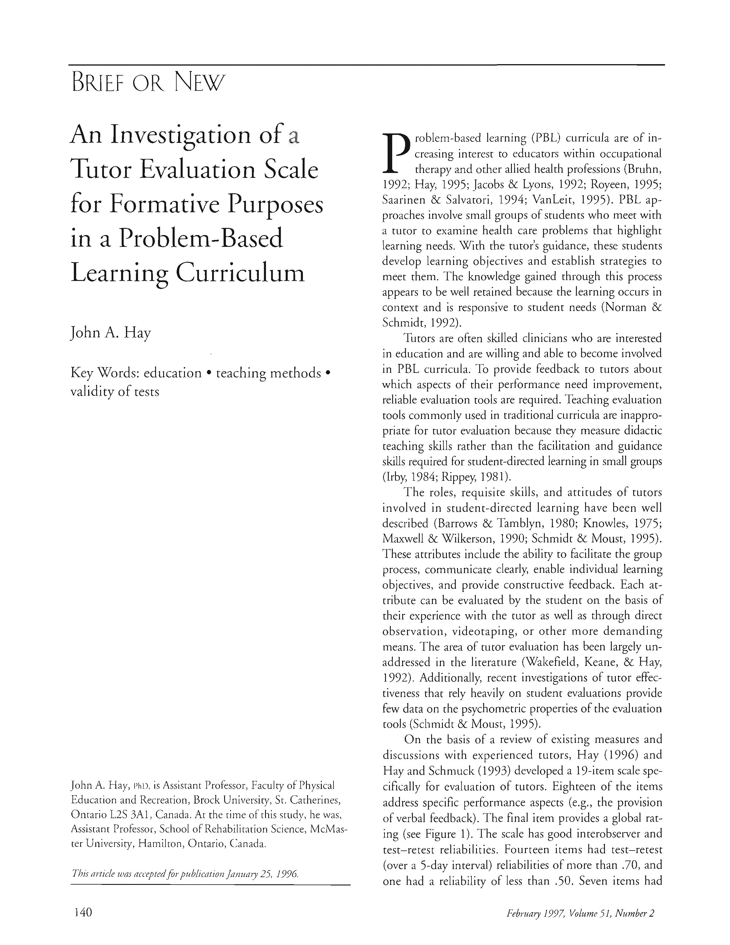 First page of An Investigation of a Tutor Evaluation Scale for Formative Purposes in a Problem-Based Learning Curriculum