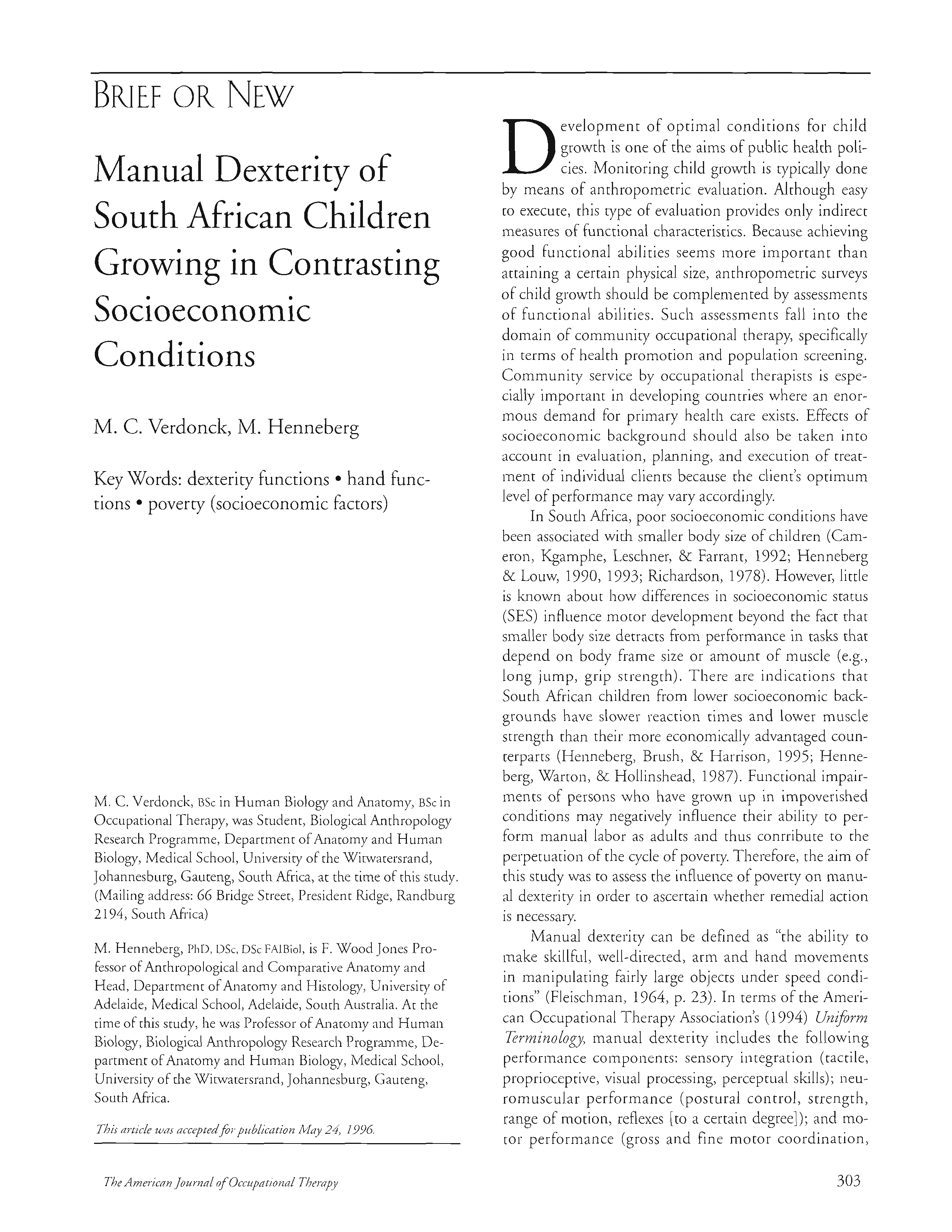 First page of Manual Dexterity of South African Children Growing in Contrasting Socioeconomic Conditions