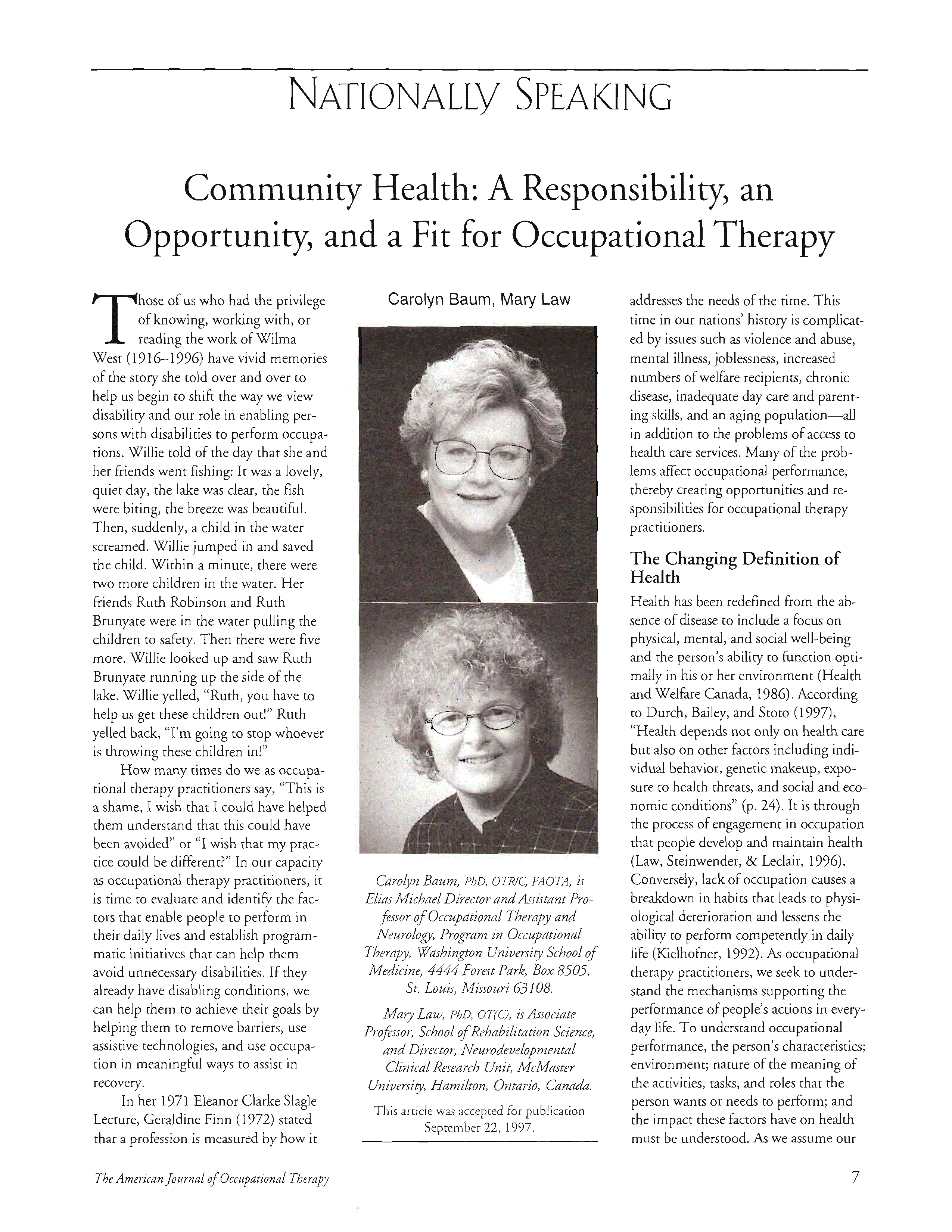 First page of Community Health: A Responsibility, an Opportunity, and a Fit for Occupational Therapy