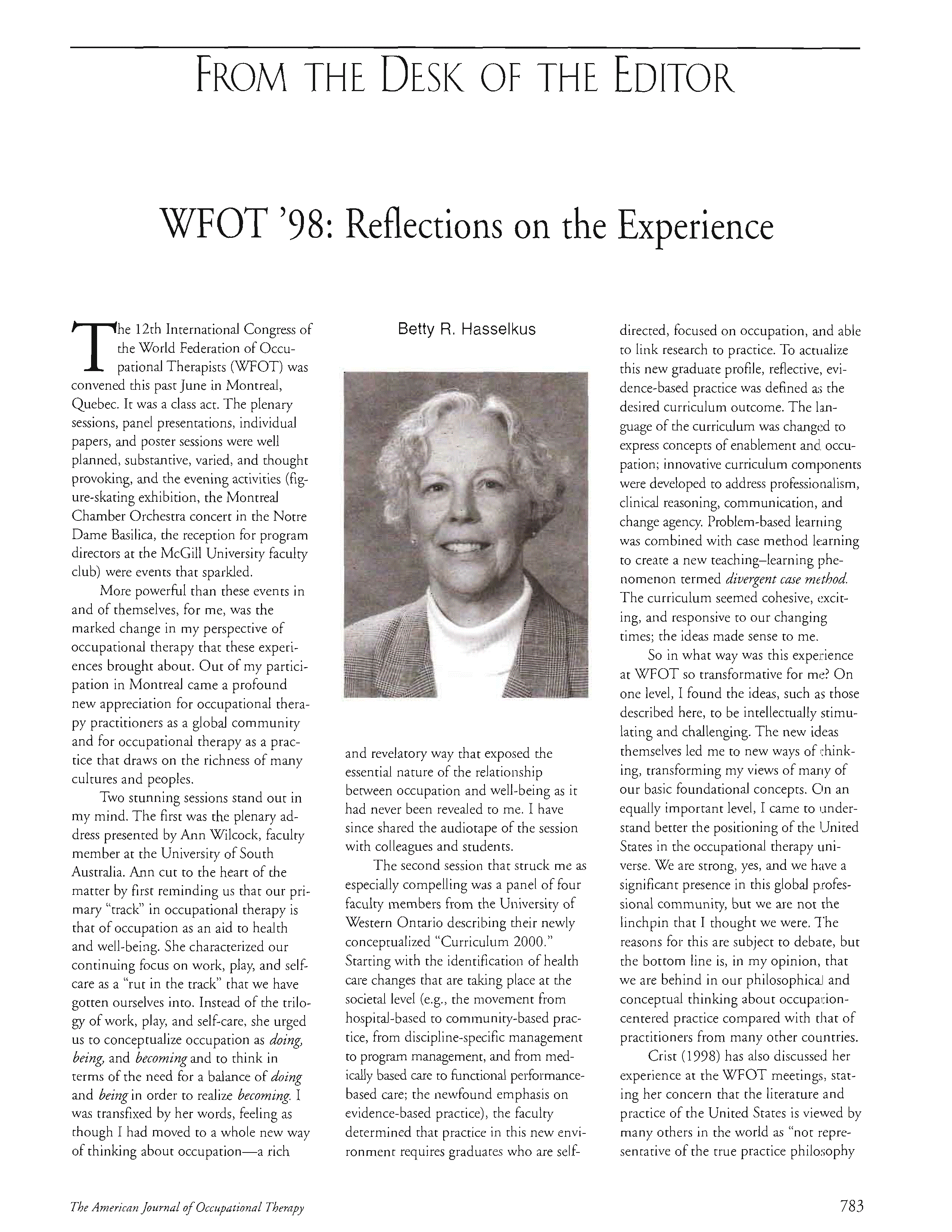 First page of WFOT ’98: Reflections on the Experience
