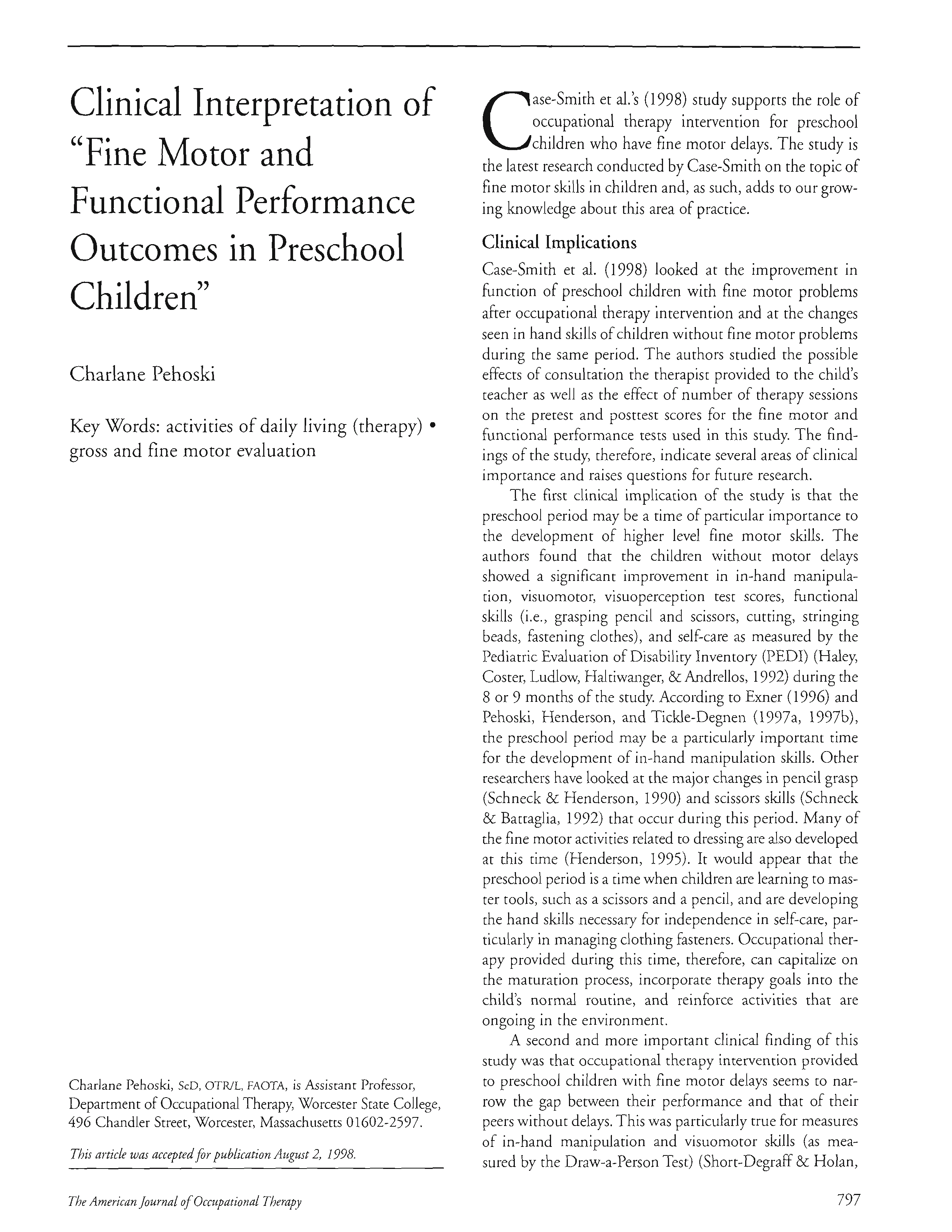 First page of Clinical Interpretation of “Fine Motor and Functional Performance Outcomes in Preschool Children”