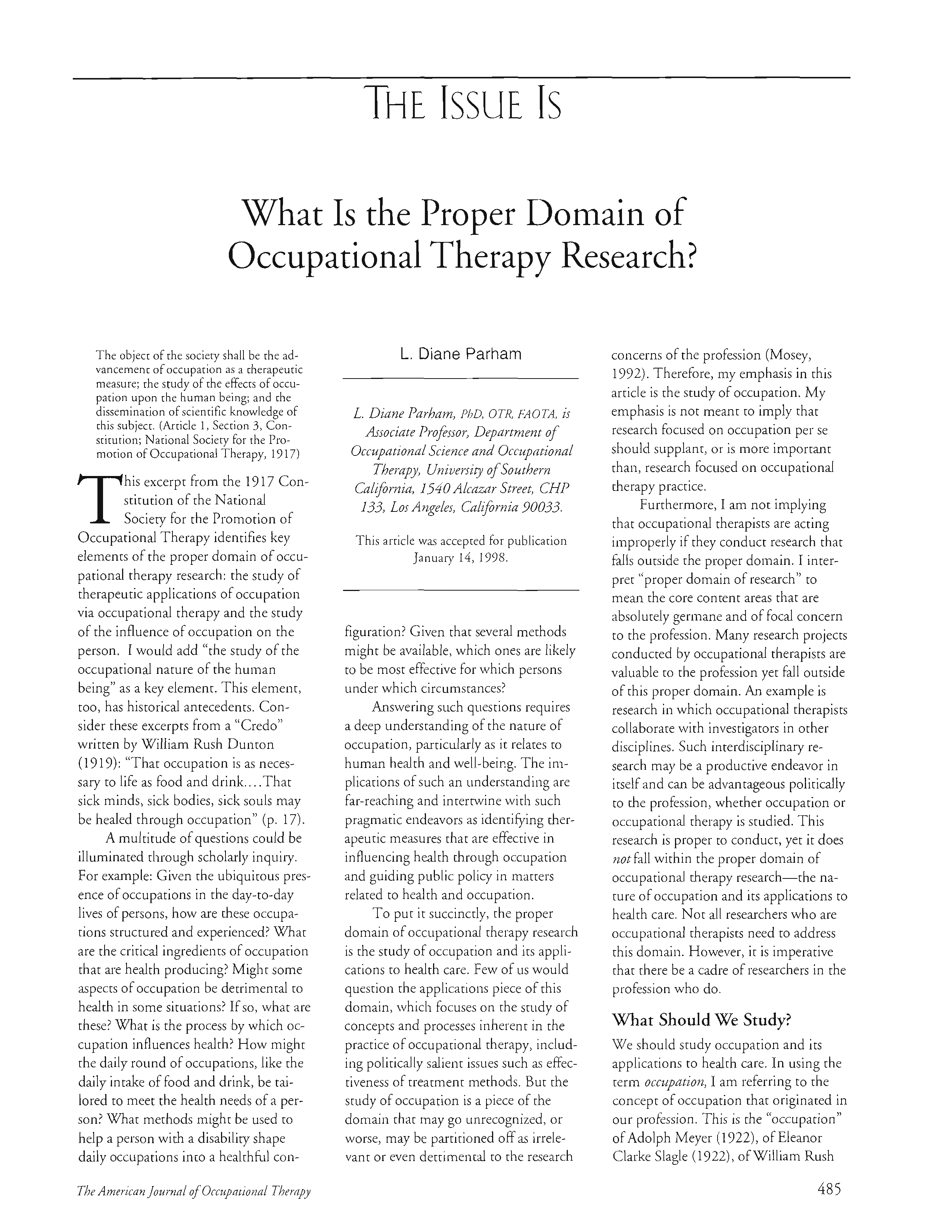 First page of What Is the Proper Domain of Occupational Therapy Research?