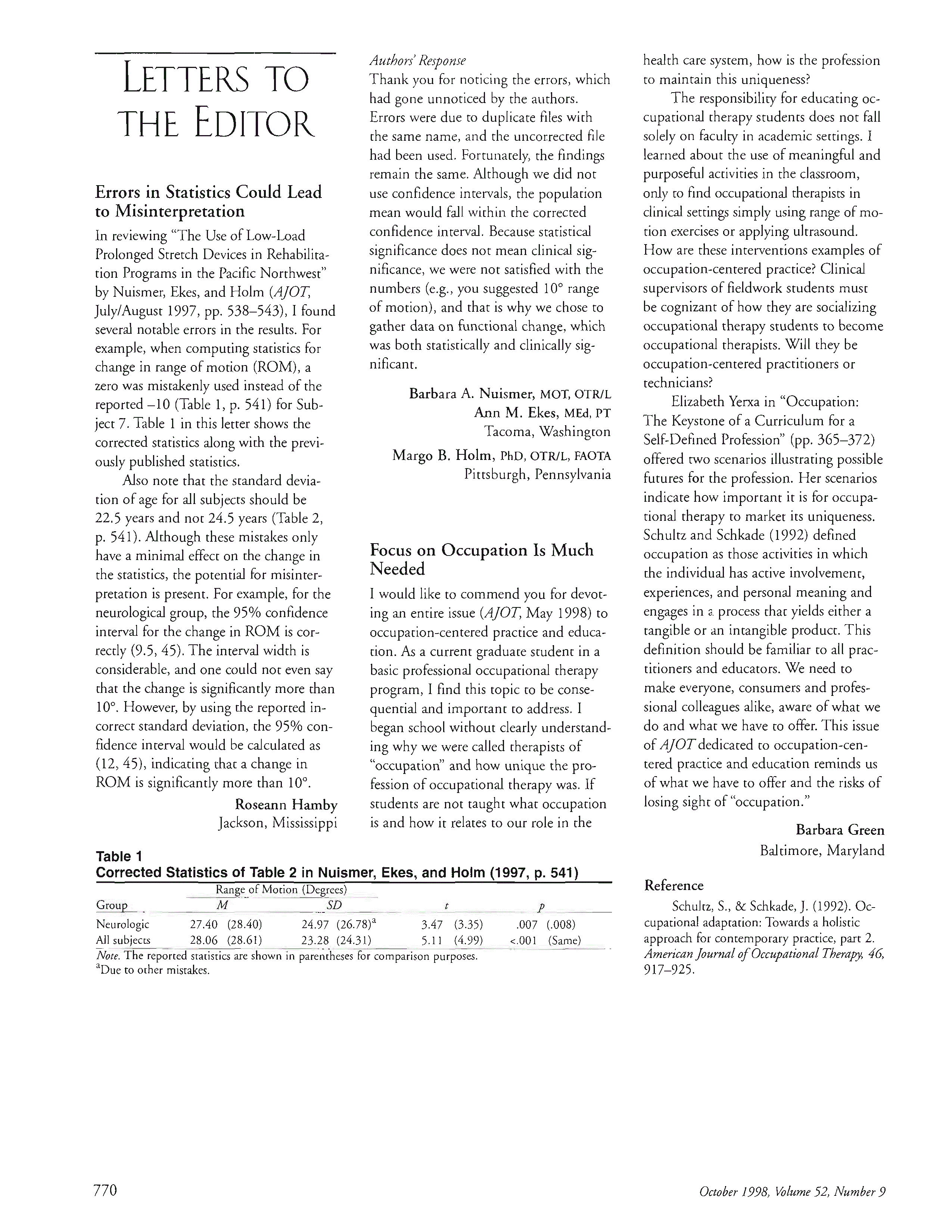First page of Focus on Occupation Is Much Needed