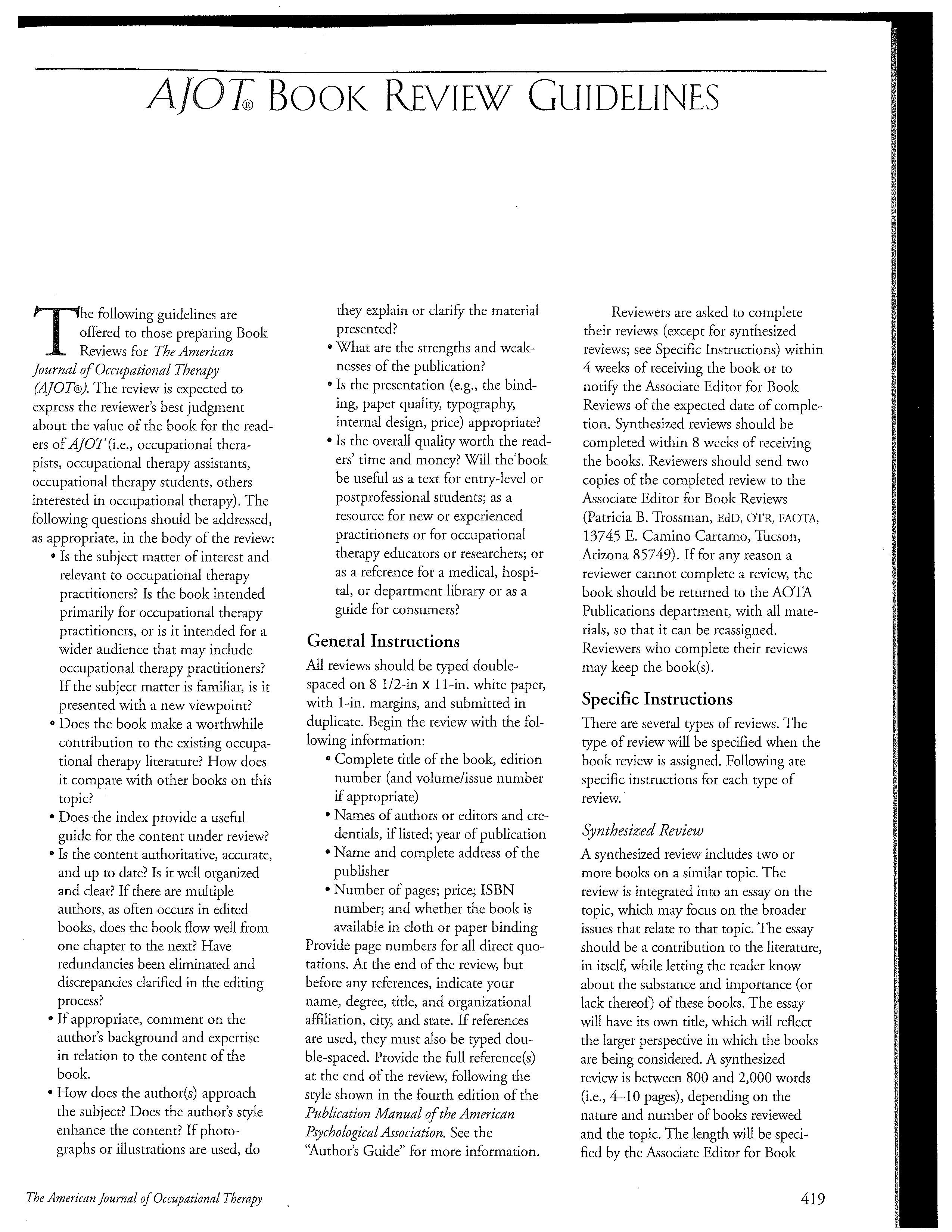 First page of <italic>AJOT</italic><sub>®</sub> Book Review Guidelines