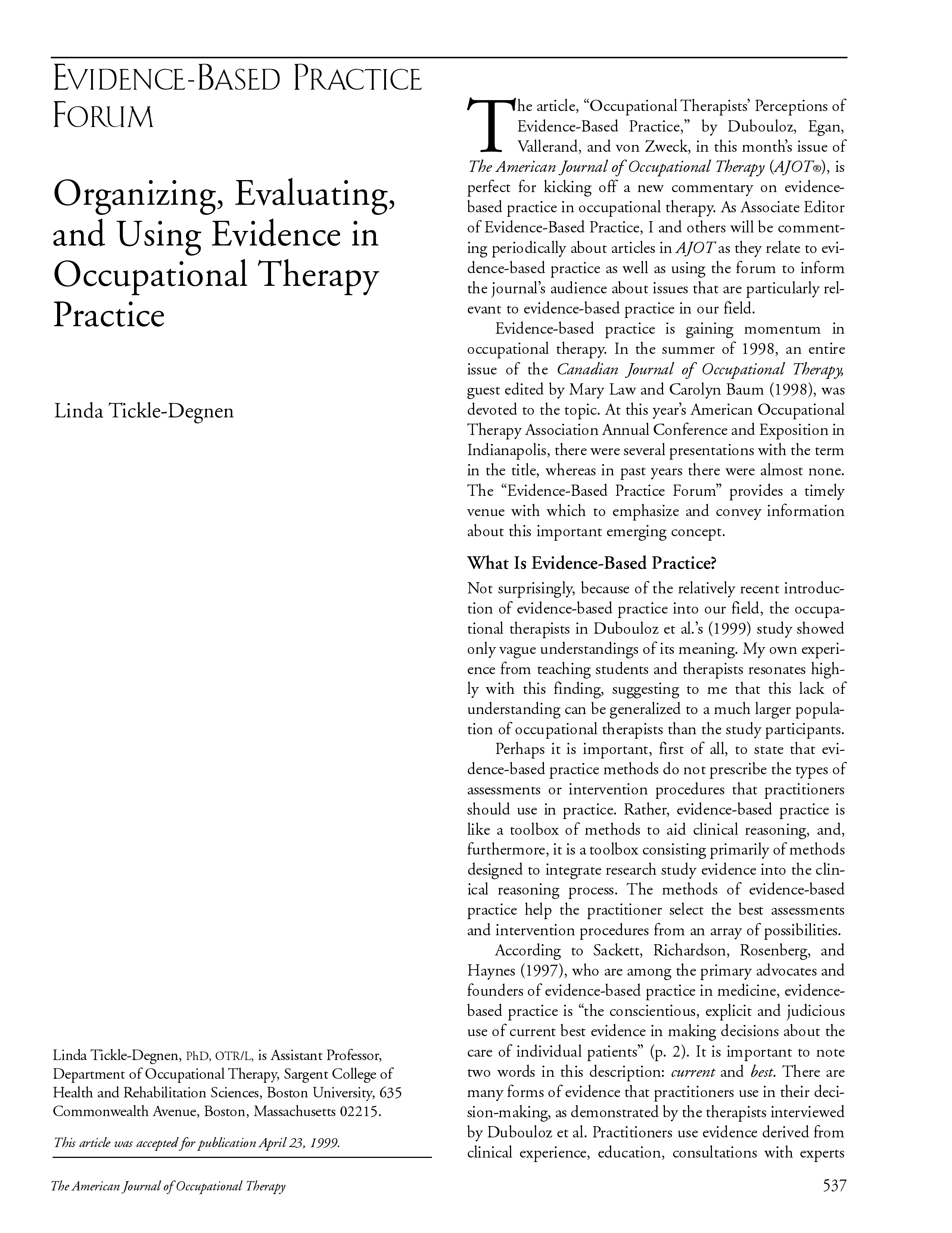 First page of Organizing, Evaluating, and Using Evidence in Occupational Therapy Practice