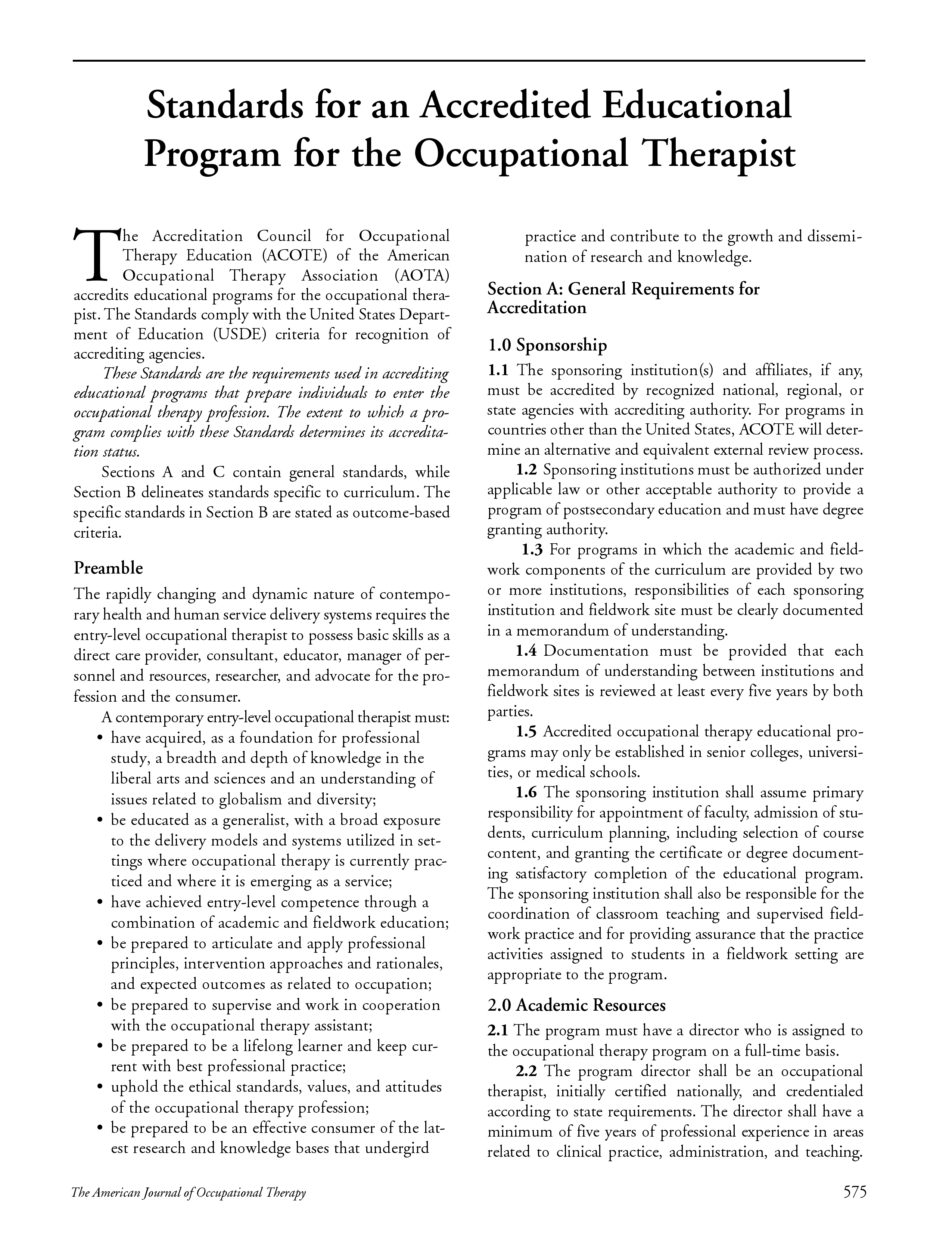 First page of Standards for an Accredited Educational Program for the Occupational Therapist