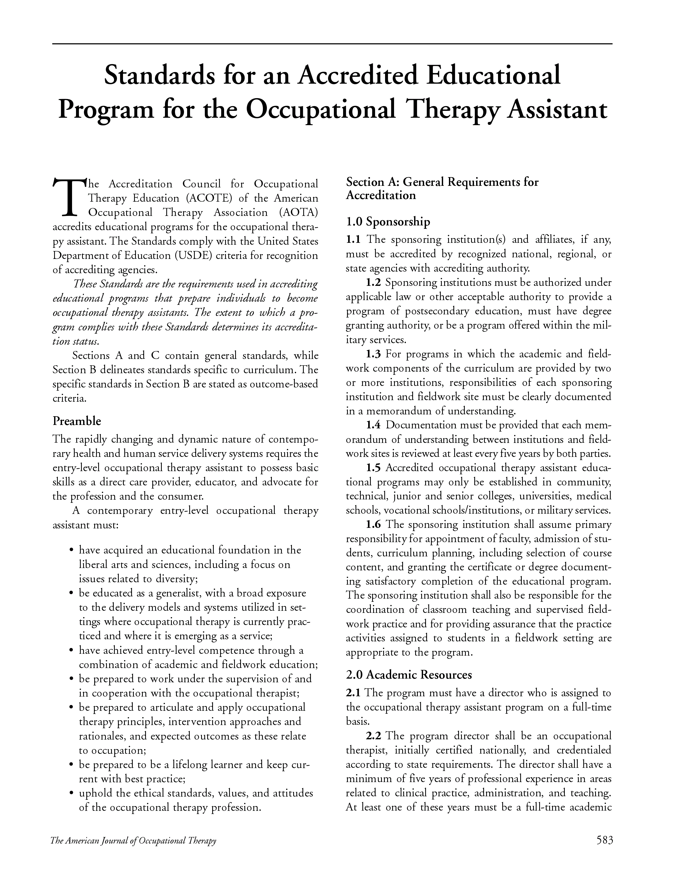 First page of Standards for an Accredited Educational Program for the Occupational Therapy Assistant