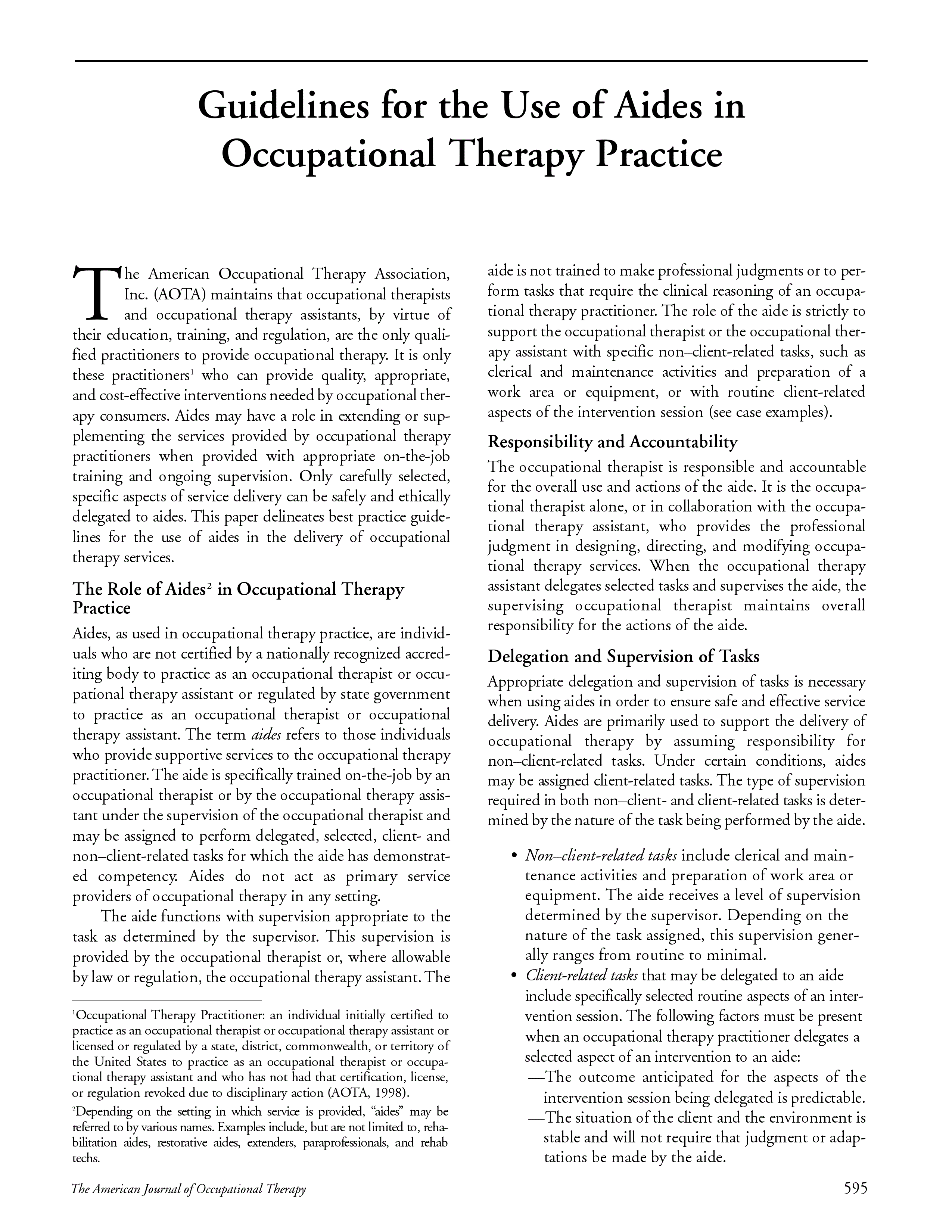 First page of Guidelines for the Use of Aides in Occupational Therapy Practice