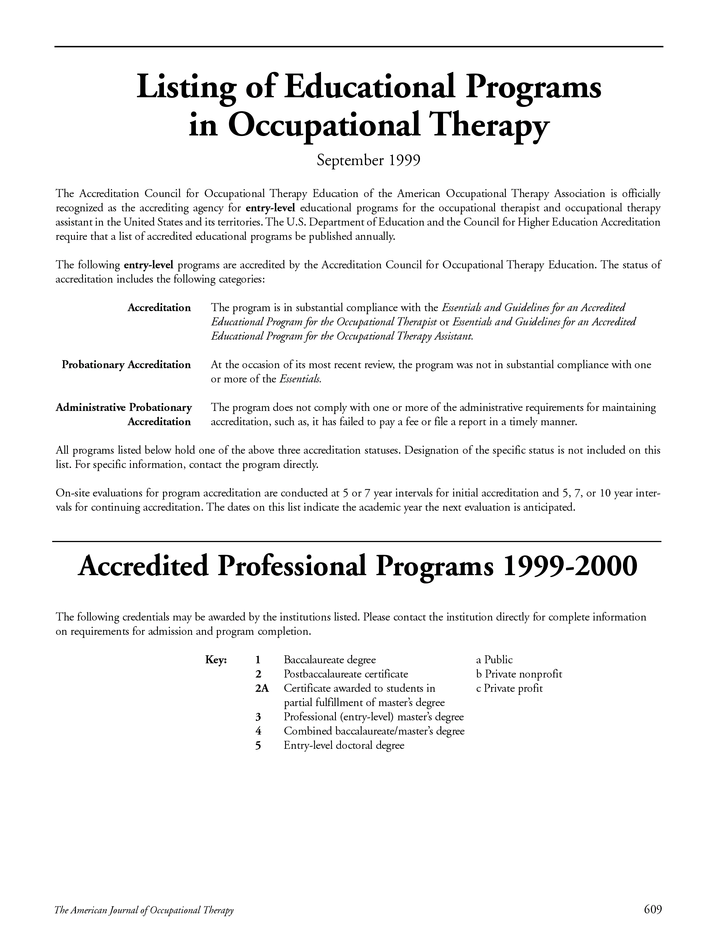 First page of Listing of Educational Programs in Occupational Therapy<subtitle>September 1999</subtitle>