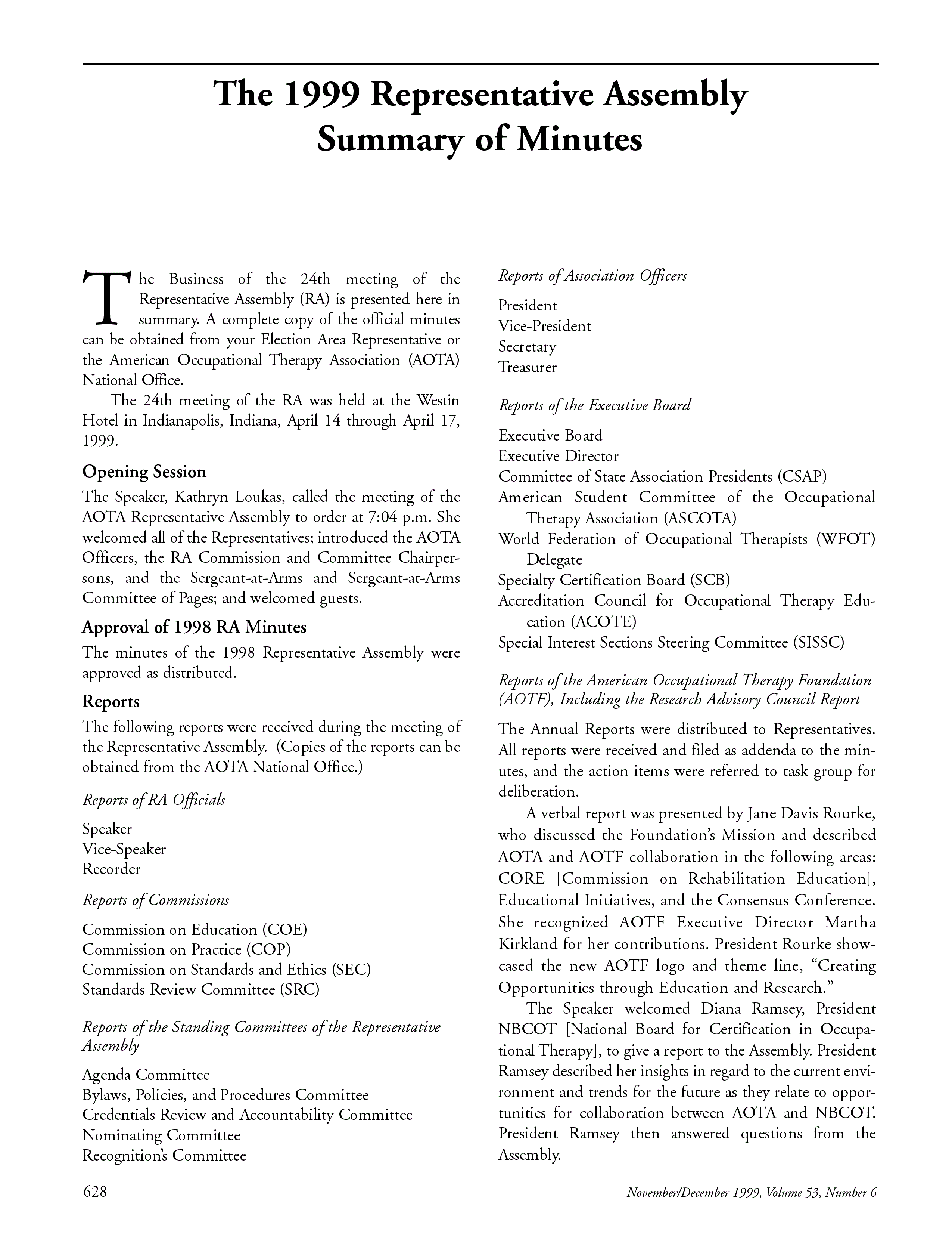 First page of The 1999 Representative Assembly Summary of Minutes