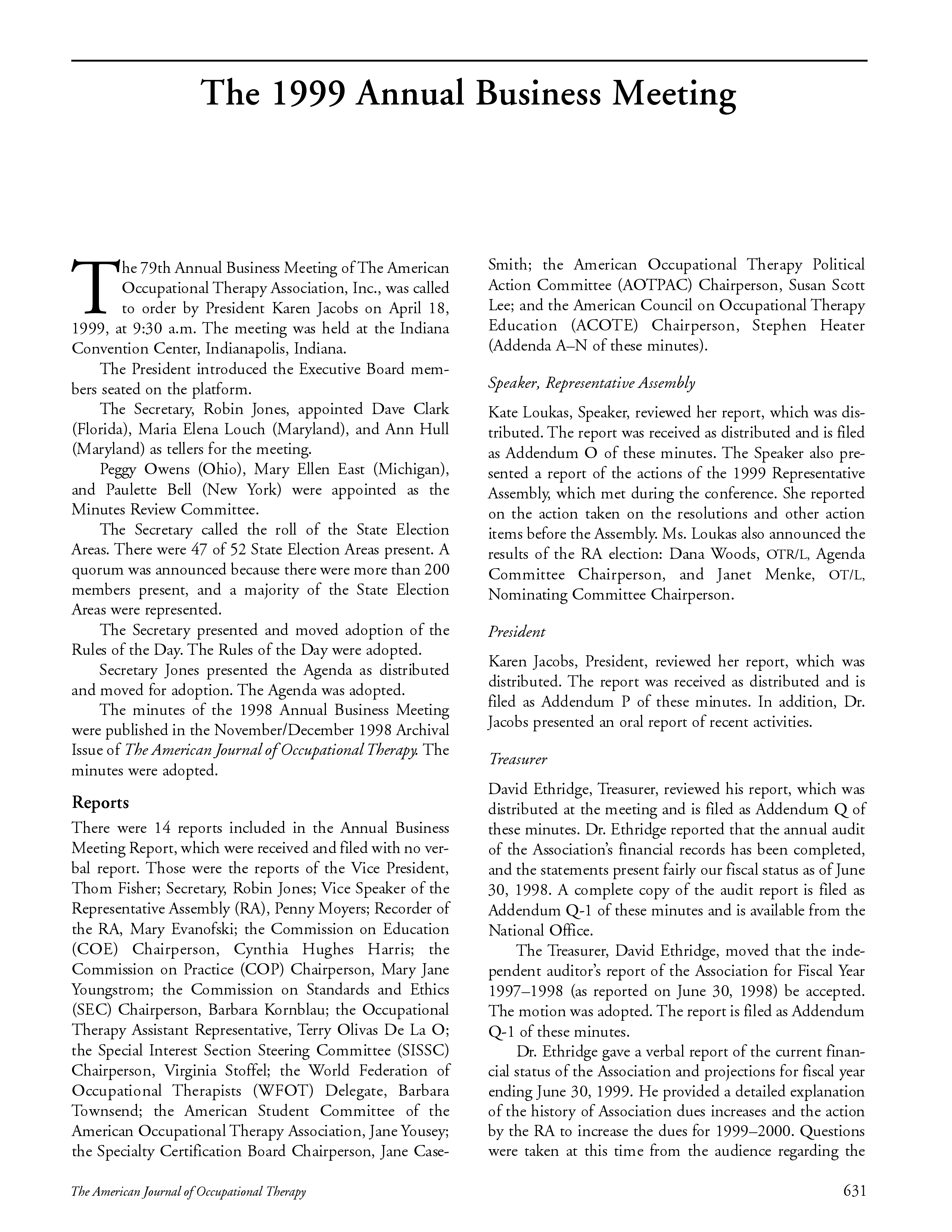 First page of The 1999 Annual Business Meeting
