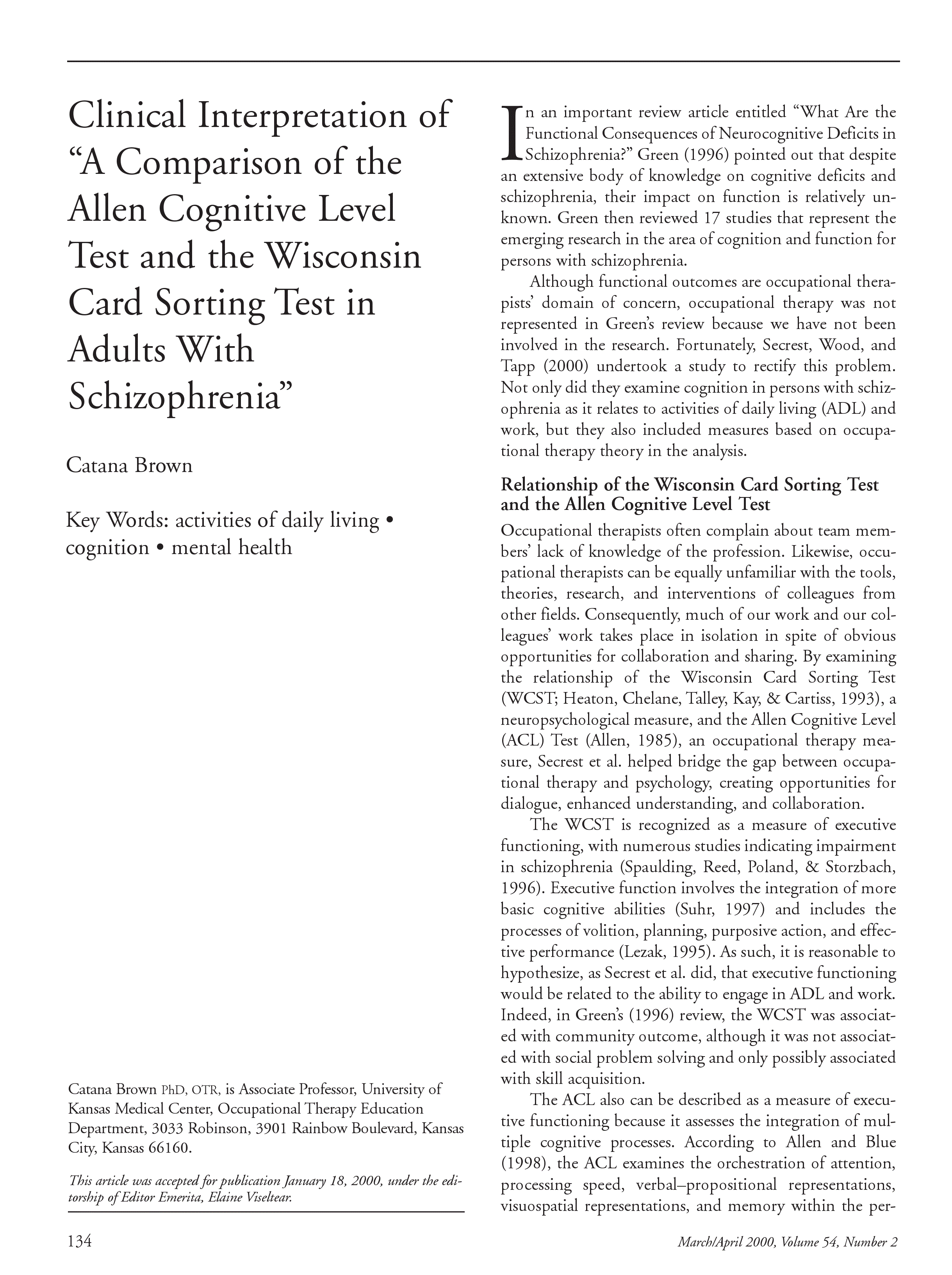 First page of Clinical Interpretation of “A Comparison of the Allen Cognitive Level Test and the Wisconsin Card Sorting Test in Adults With Schizophrenia”