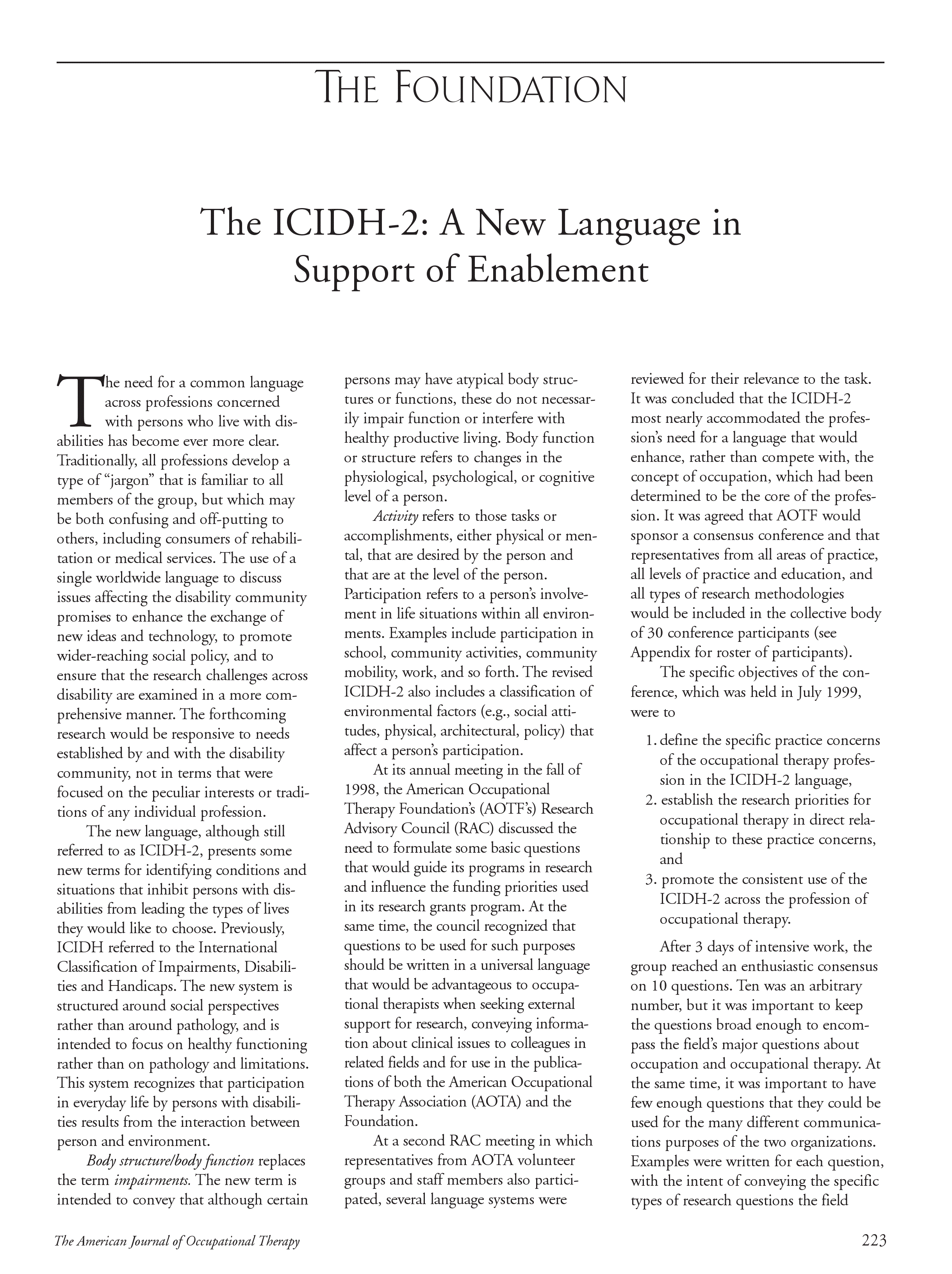First page of The ICIDH-2: A New Language in Support of Enablement