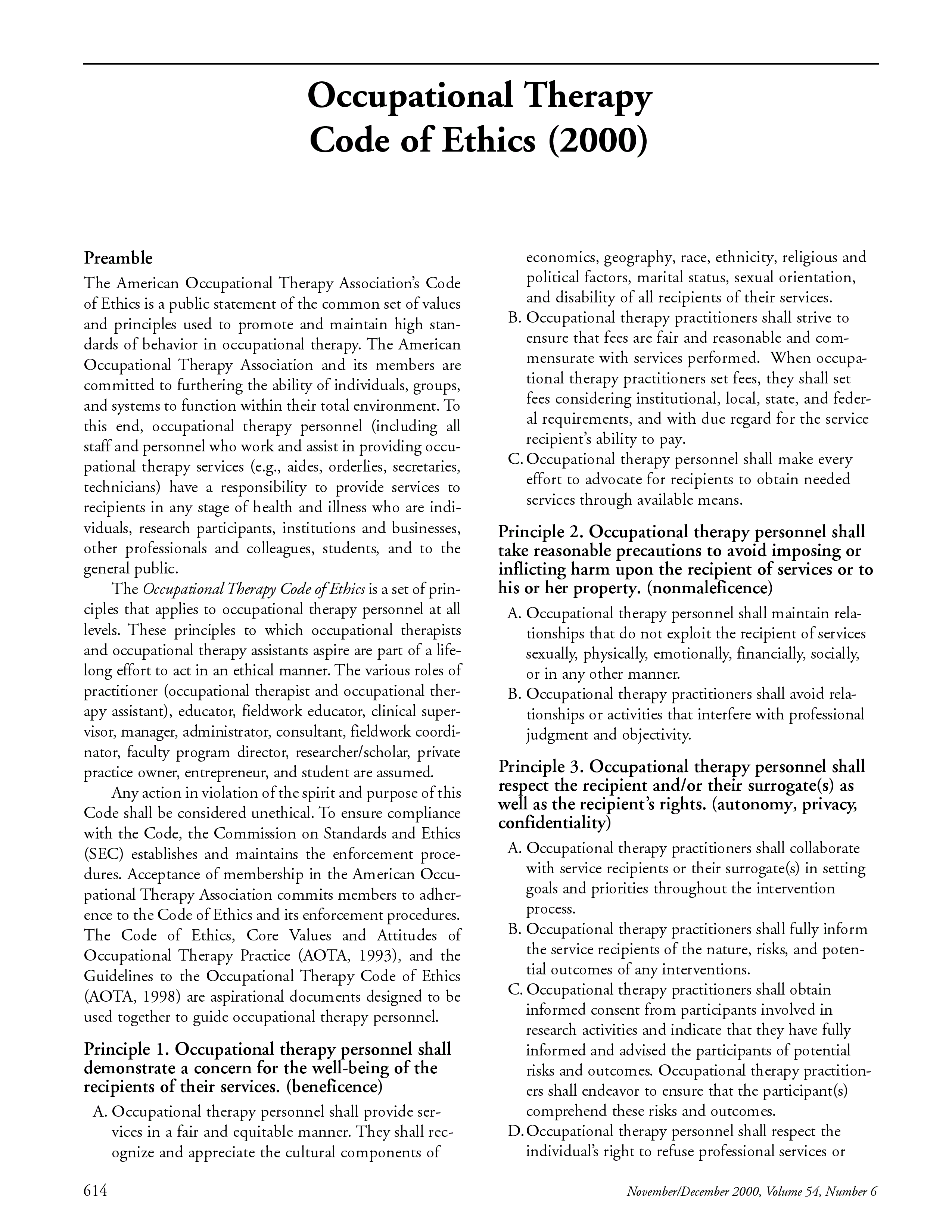 First page of Occupational Therapy Code of Ethics (2000)