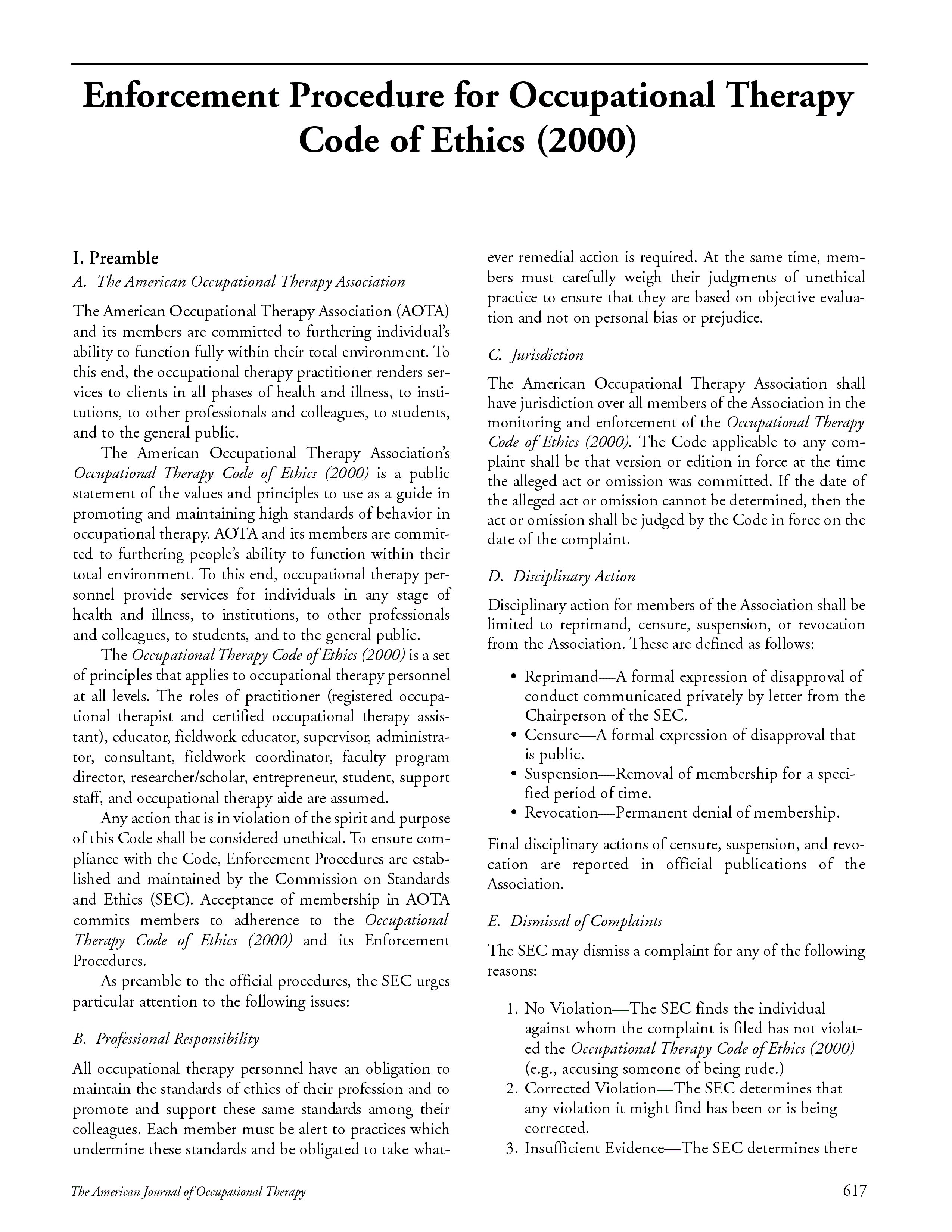 First page of Enforcement Procedure for Occupational Therapy Code of Ethics (2000)