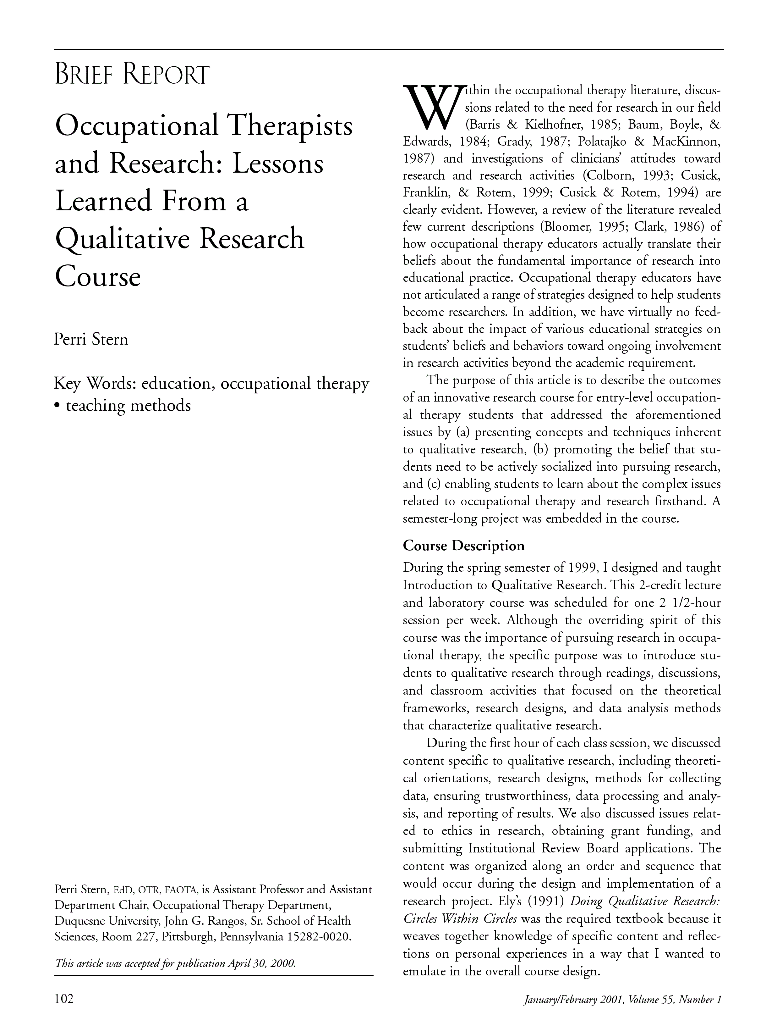 First page of Occupational Therapists and Research: Lessons Learned From a Qualitative Research Course