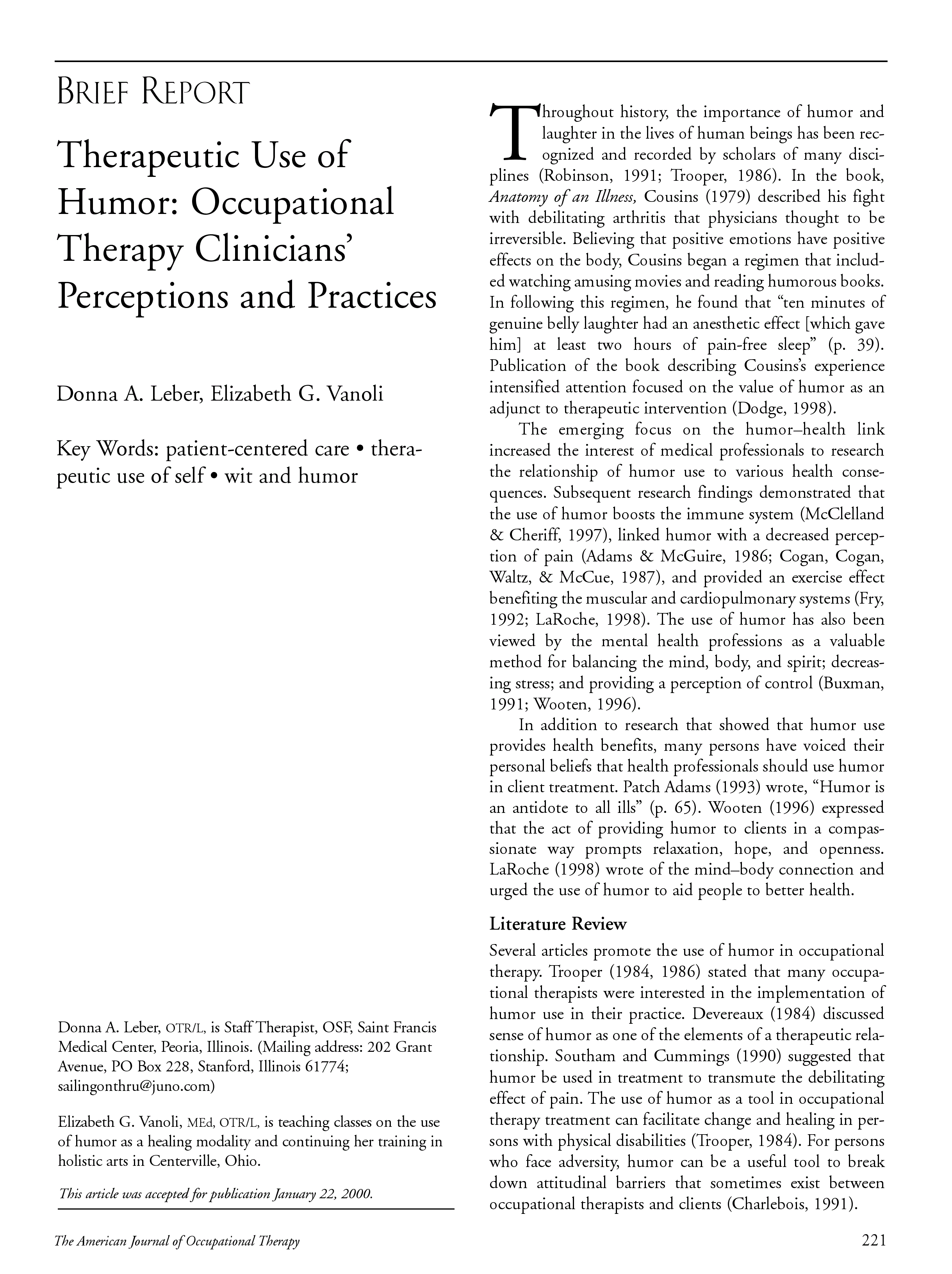 First page of Therapeutic Use of Humor: Occupational Therapy Clinicians’ Perceptions and Practices