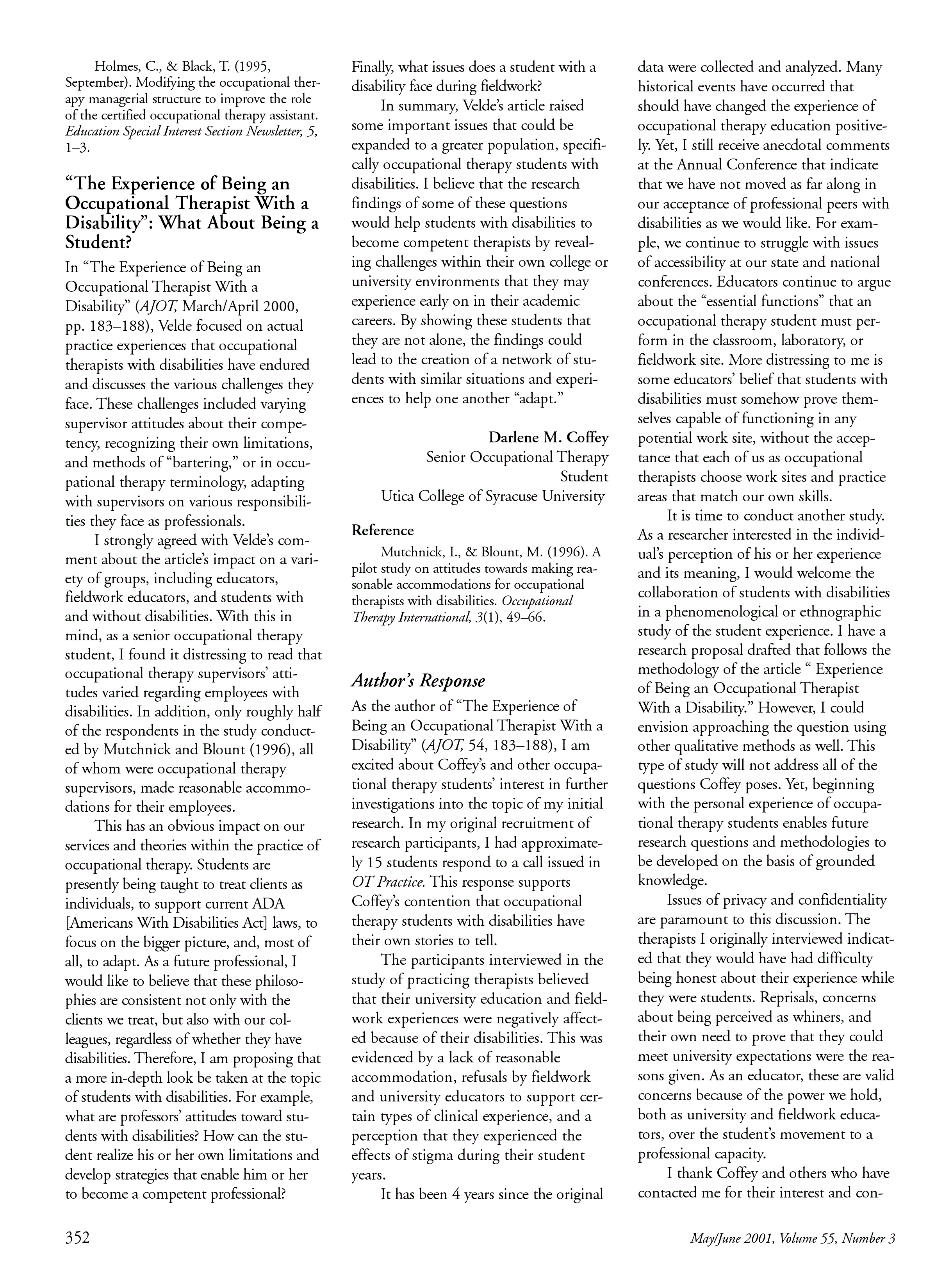 First page of “The Experience of Being an Occupational Therapist With a Disability”: What About Being a Student?