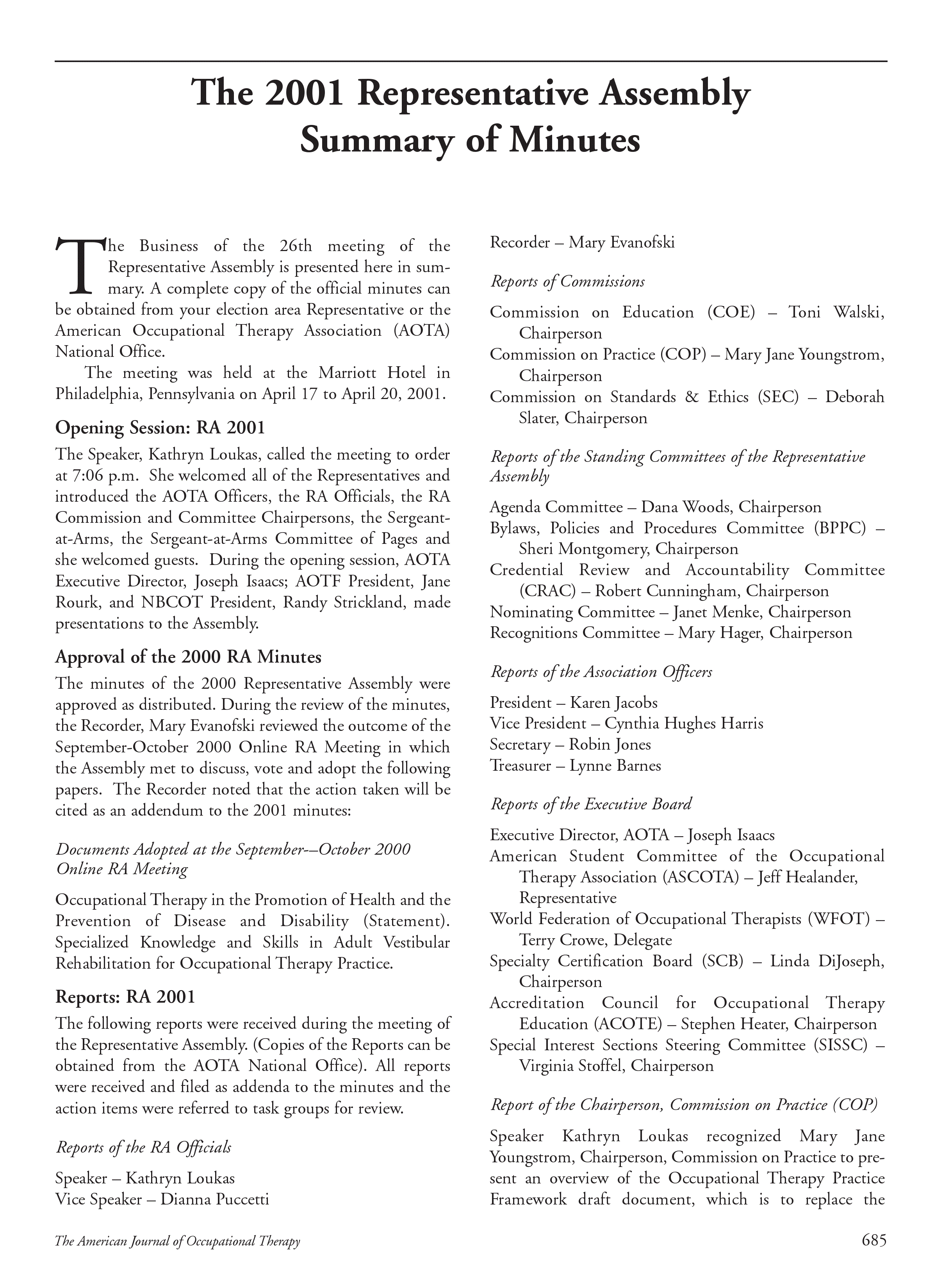 First page of The 2001 Representative Assembly Summary of Minutes