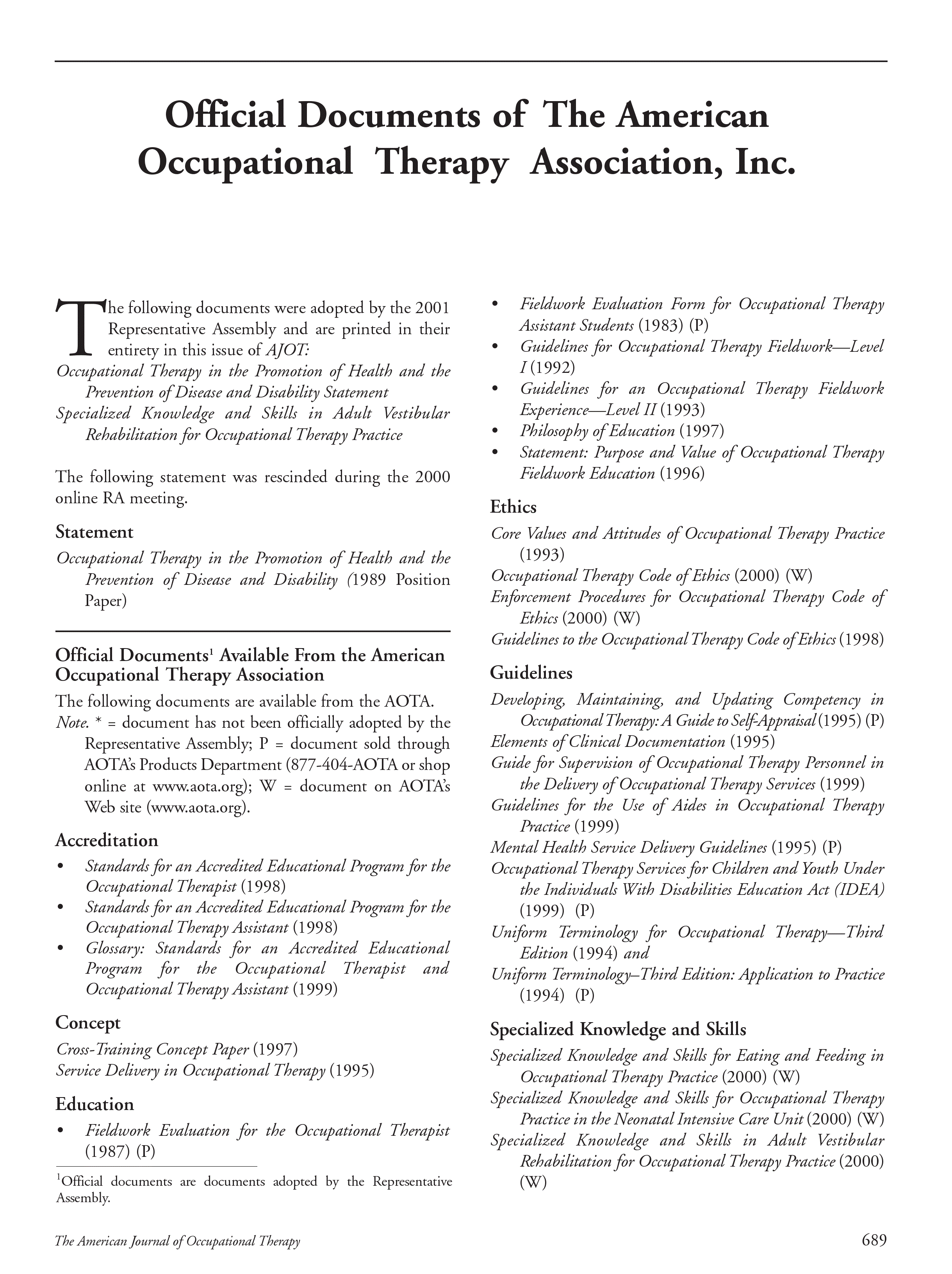 First page of Official Documents of The American Occupational Therapy Association, Inc.