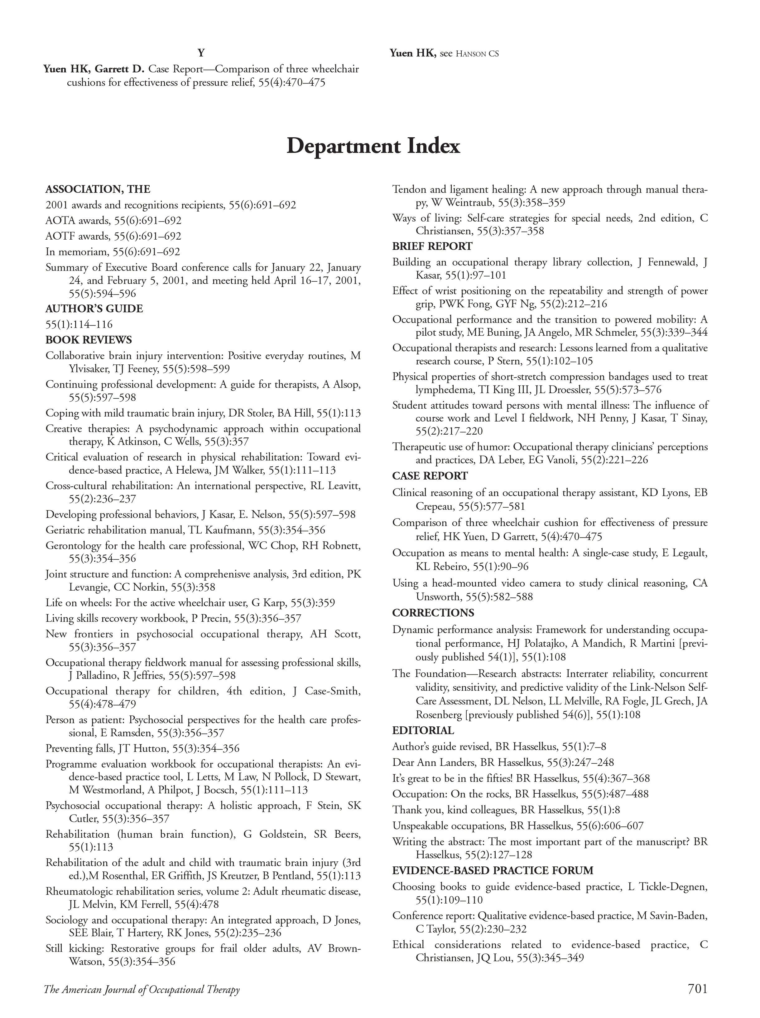 First page of Department Index