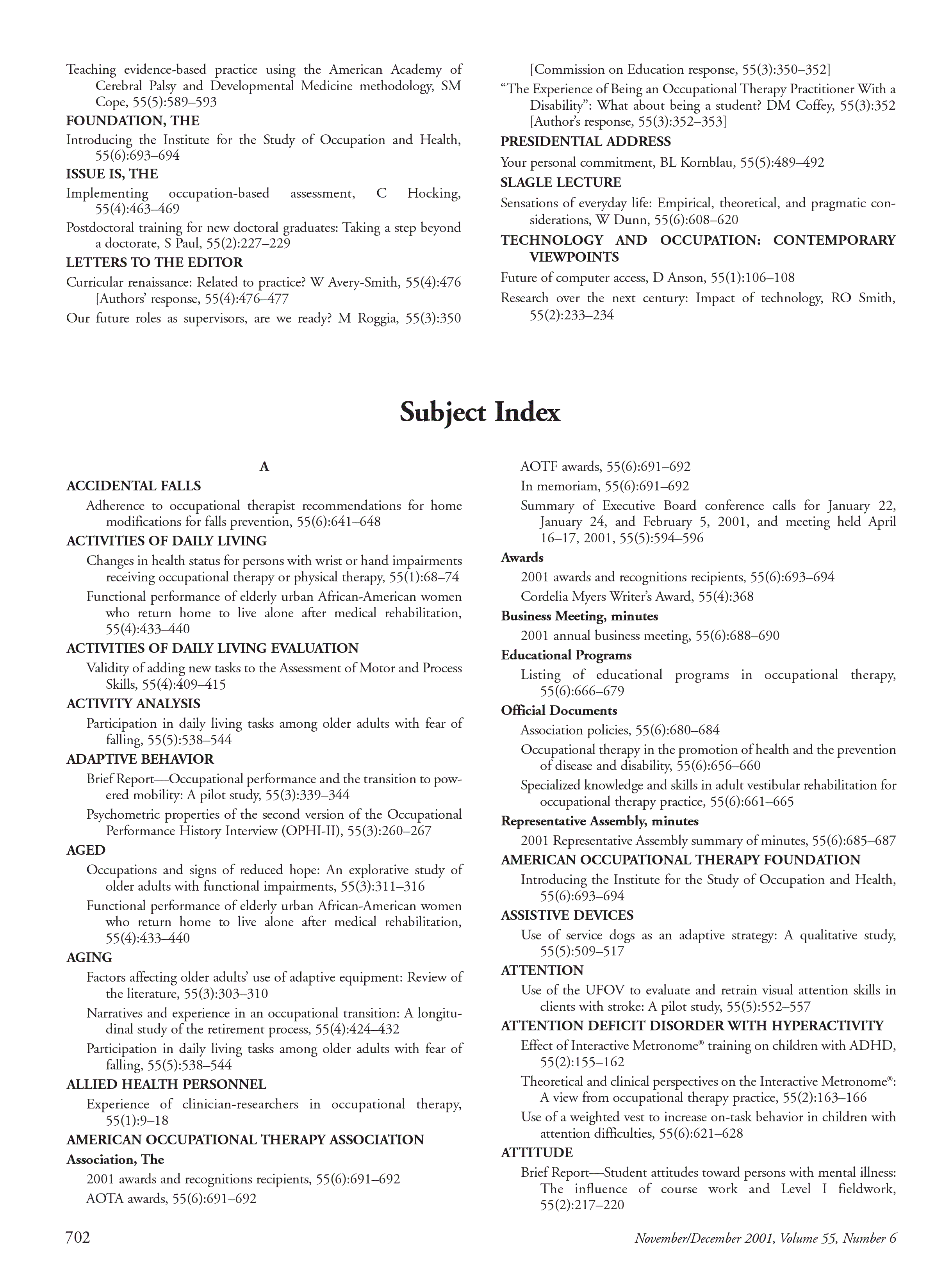 First page of Subject Index