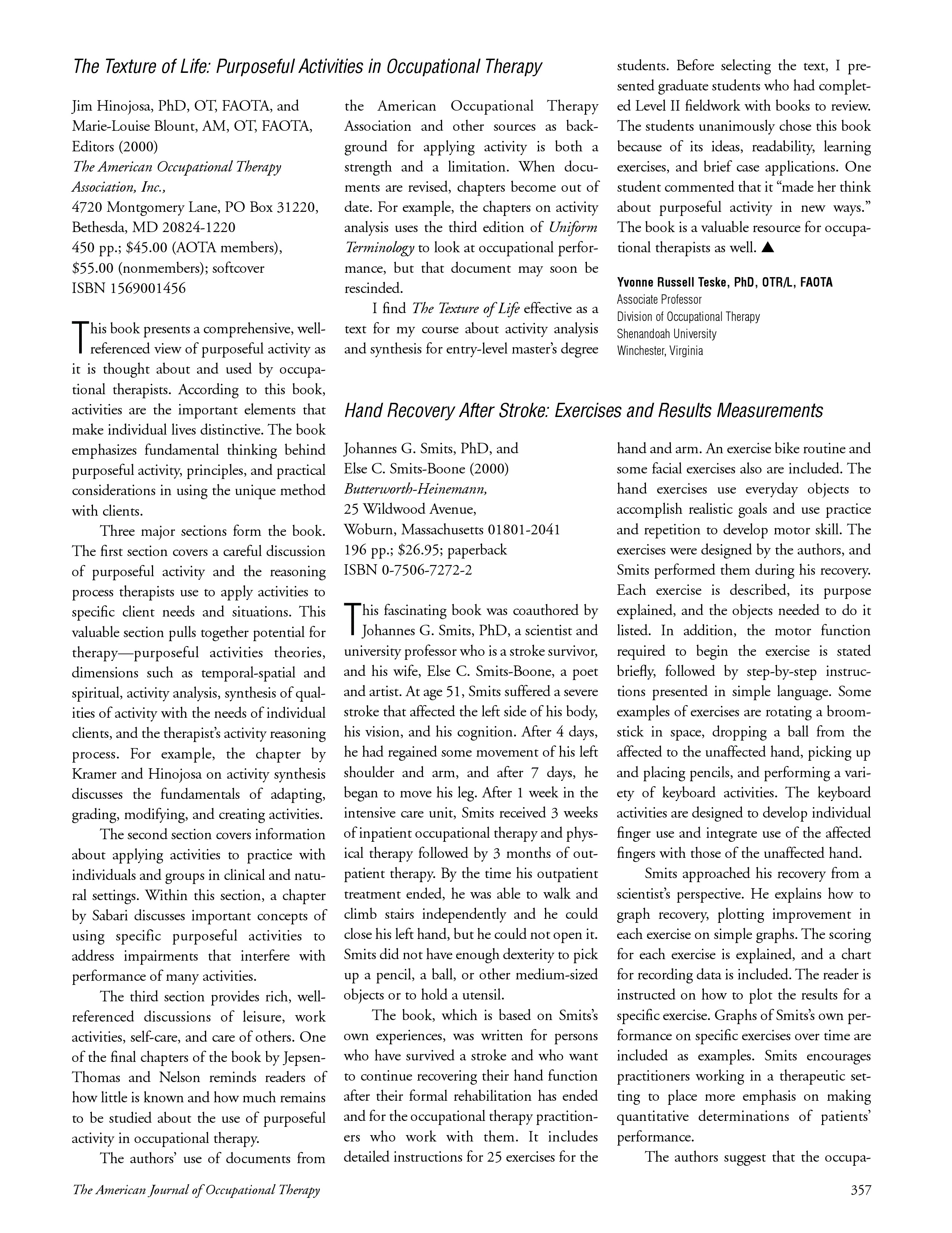 First page of The Texture of Life: Purposeful Activities in Occupational Therapy