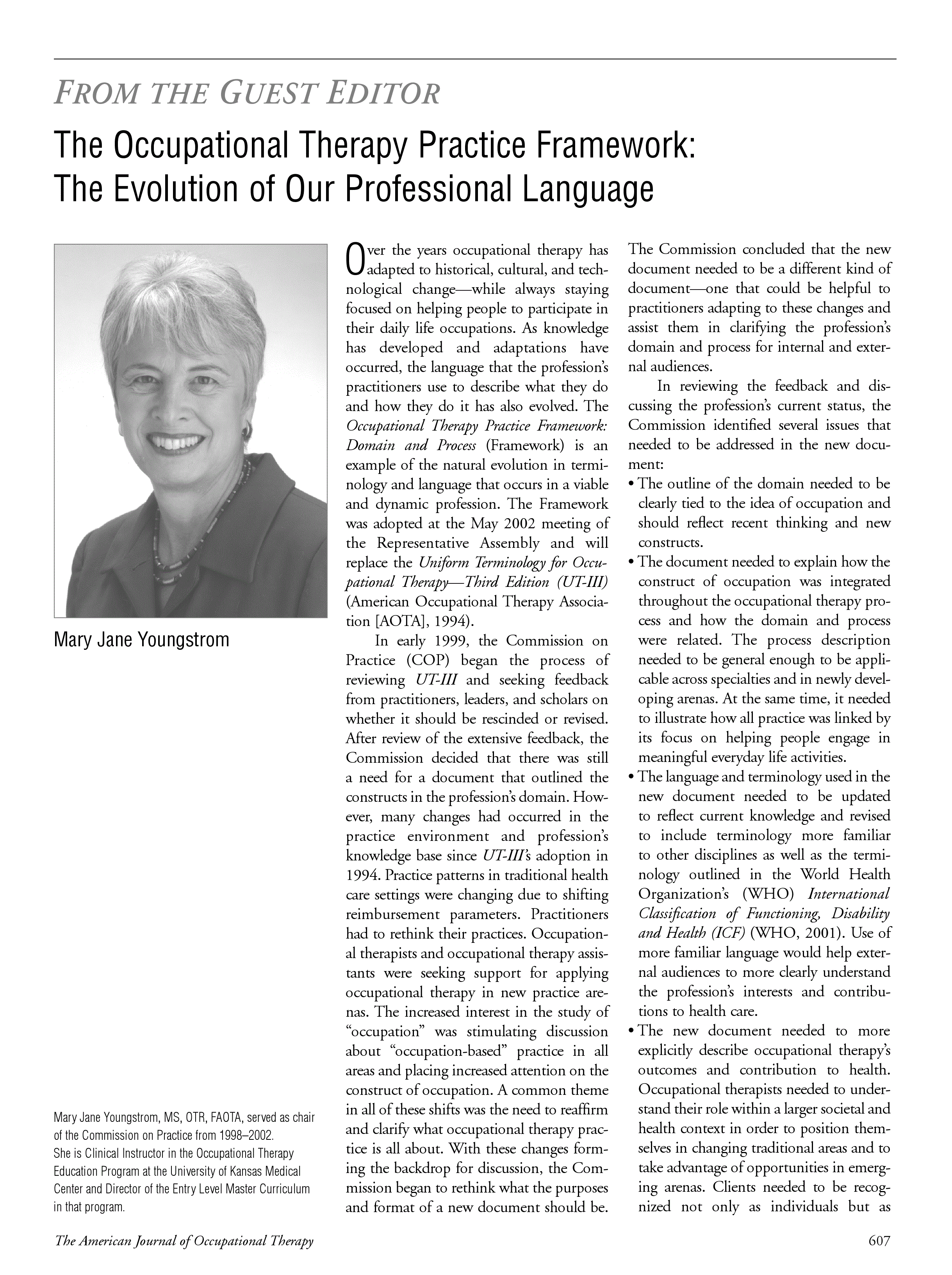 First page of The Occupational Therapy Practice Framework: The Evolution of Our Professional Language